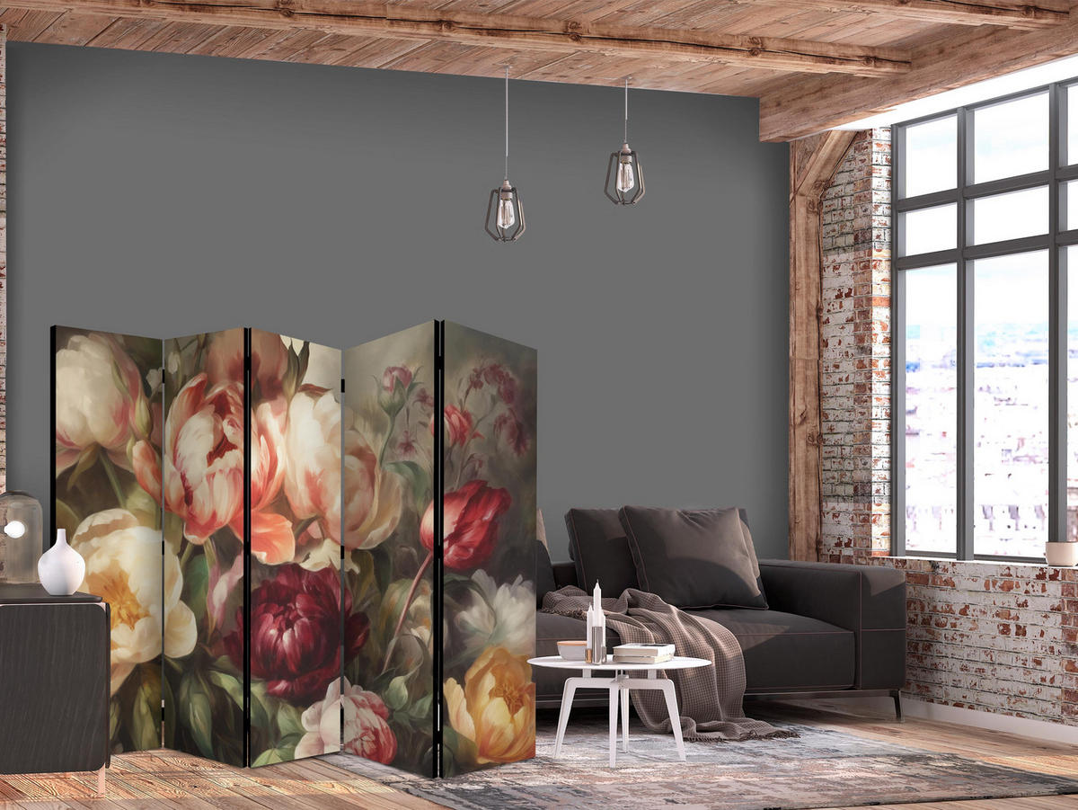 PARAVÁN Jednostranný 5-dielny 225x172 cm Kvitnúce Pivonky - viacfarebná, drevo/textil (225/172/3cm) - Muralo