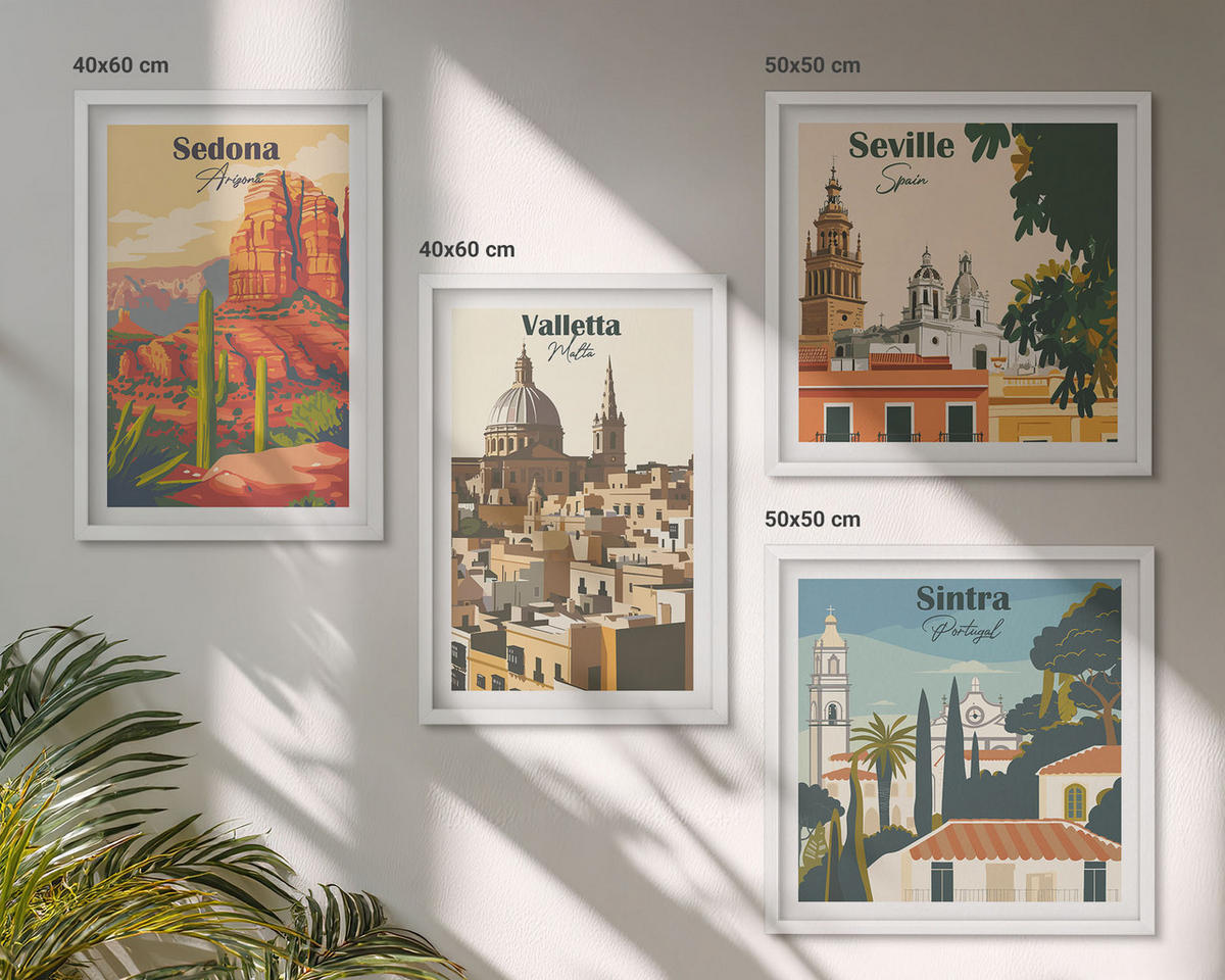 BILDER SET 4er Set - 50x50 cm & 40x60 cm Weißer Rahmen - Retro-Stadtansichten Sedona Sintra - Weiß, Kunststoff (50/50cm) - TULUP