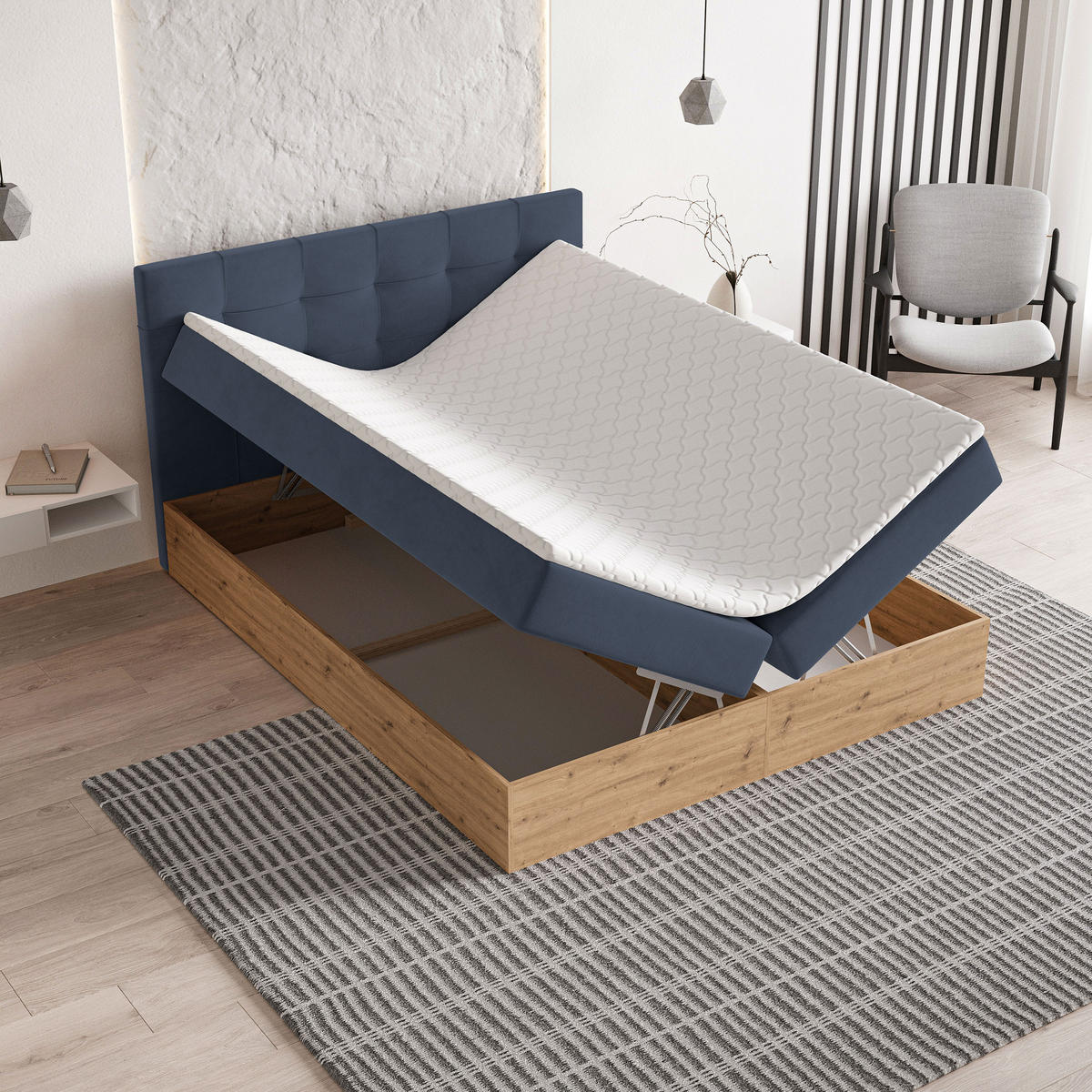 BOXBETT MOLVEN 140x200 cm mit Matratze und Topper - Blau - Blau, Holz (140/200cm) - MASSENO