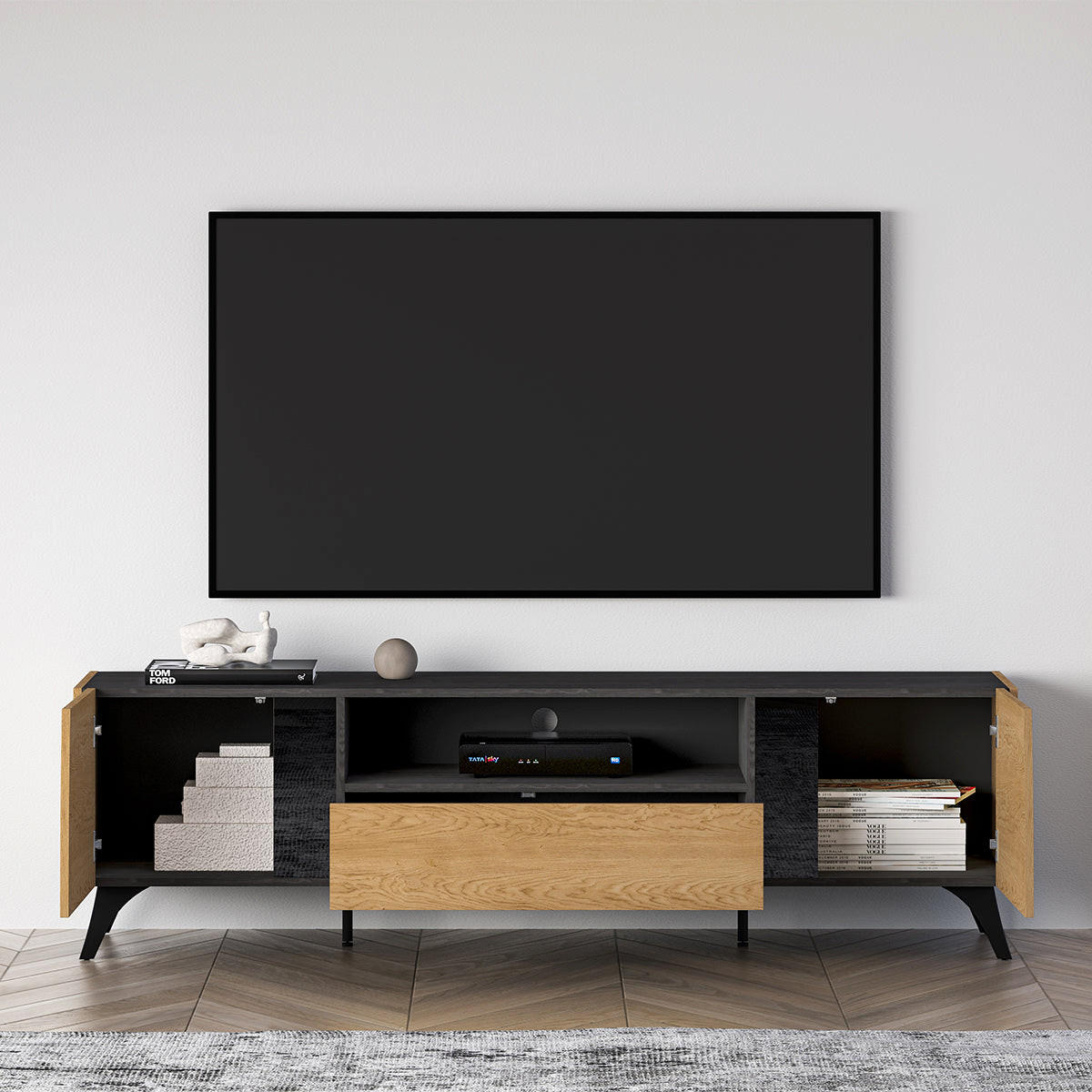 TV-MÖBEL Soah Holz und Schwarz - Schwarz, Holzwerkstoff (180/52/40cm) - Petits-meubles
