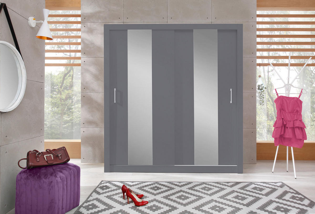 SCHWEBETÜRENSCHRANK MIRA 200/215/60cm 2-türig mit Spiegel Anthrazit - Anthrazit, Holzwerkstoff (200/215/60cm) - MASSENO