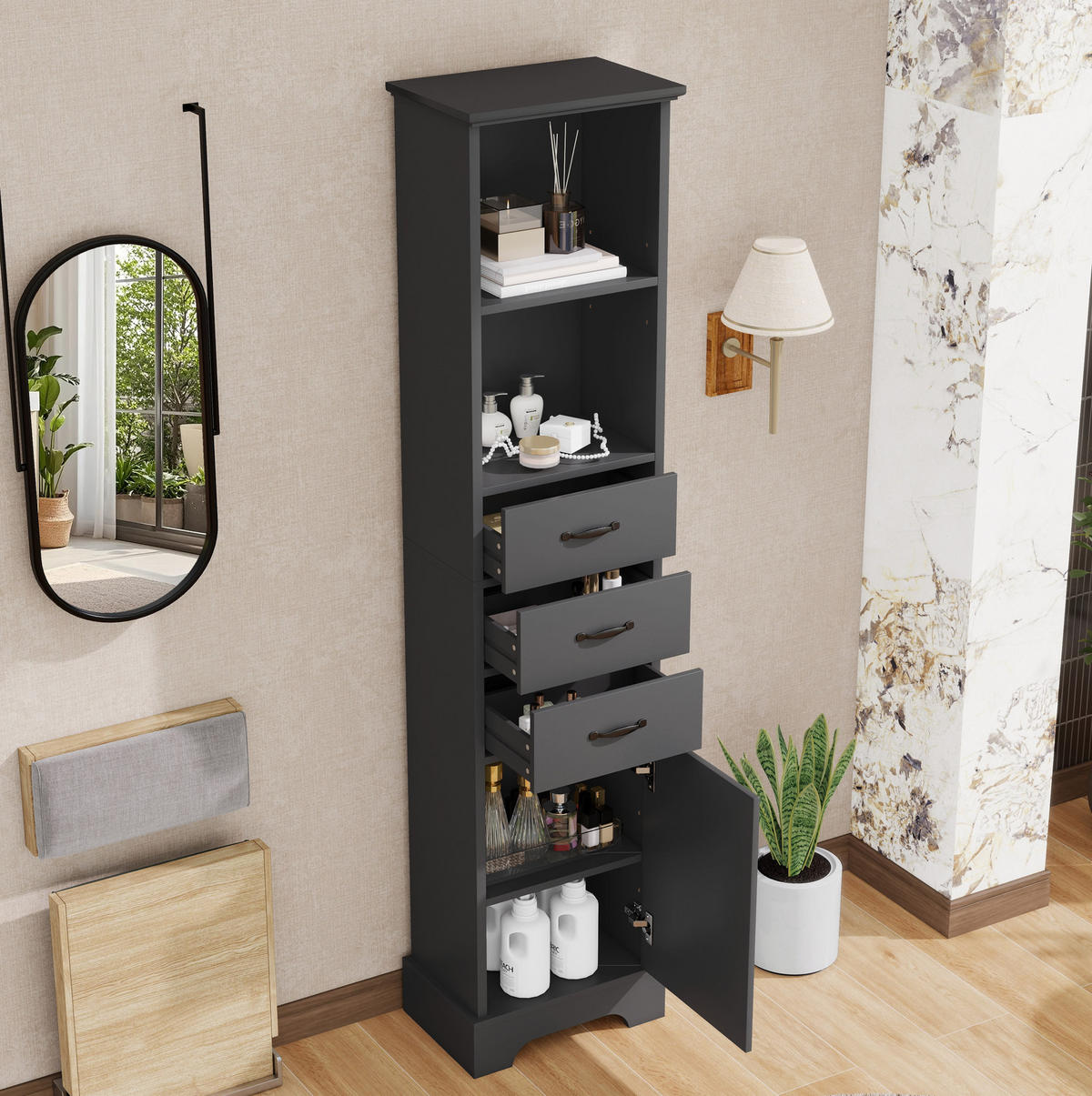 BADEZIMMERSCHRANK mit 3 Schubladen 38 x 26 x 172,5 cm Schwarz - Schwarz, Holzwerkstoff (26/172.5/38cm) - Beauniv