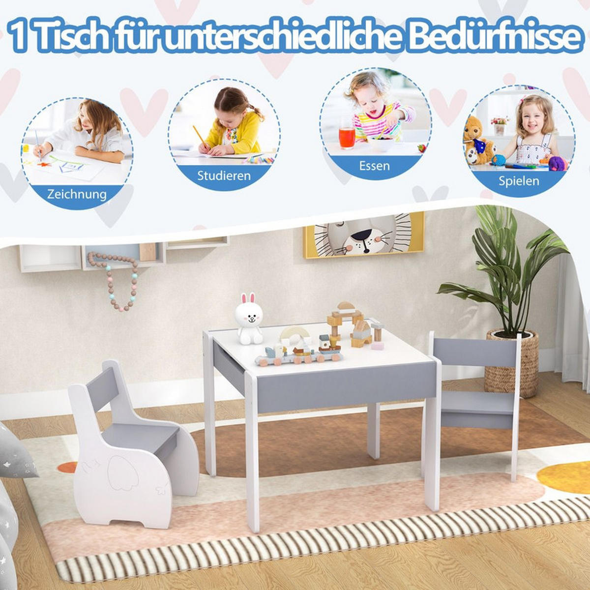 KINDERTISCH mit Stuhl hellgrau(3-tlg) - Hellgrau, Holzwerkstoff (63.5/48/61.5cm) - COSTWAY