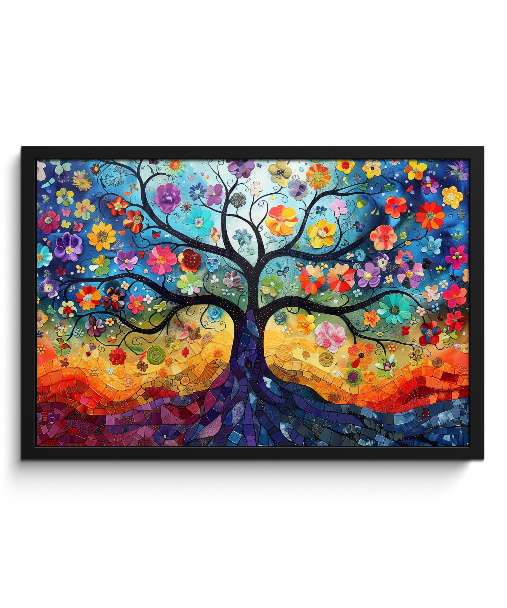 ZARÁMOVANÝ PLAGÁT Umenie - Strom života - Kvety - Hippie 60x40 cm - tmavomodrá, papier (60/40cm) - MuchoWow