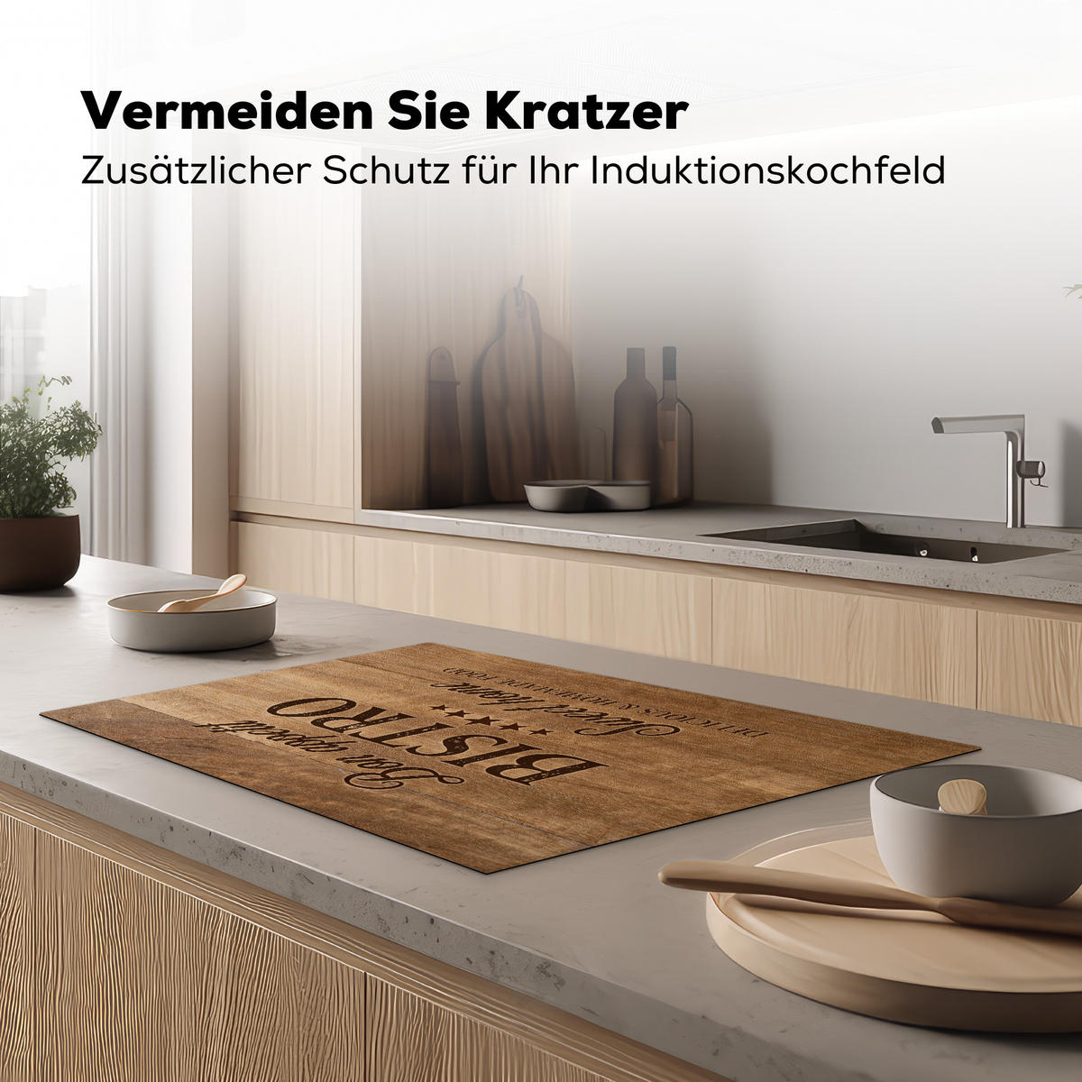 HERDABDECKPLATTE Zitat - Bistro - Guten Appetit - Süßes Zuhause - Holzmaserung 81x52 cm - Braun, Kunststoff (81.2/0.2/52cm) - MuchoWow