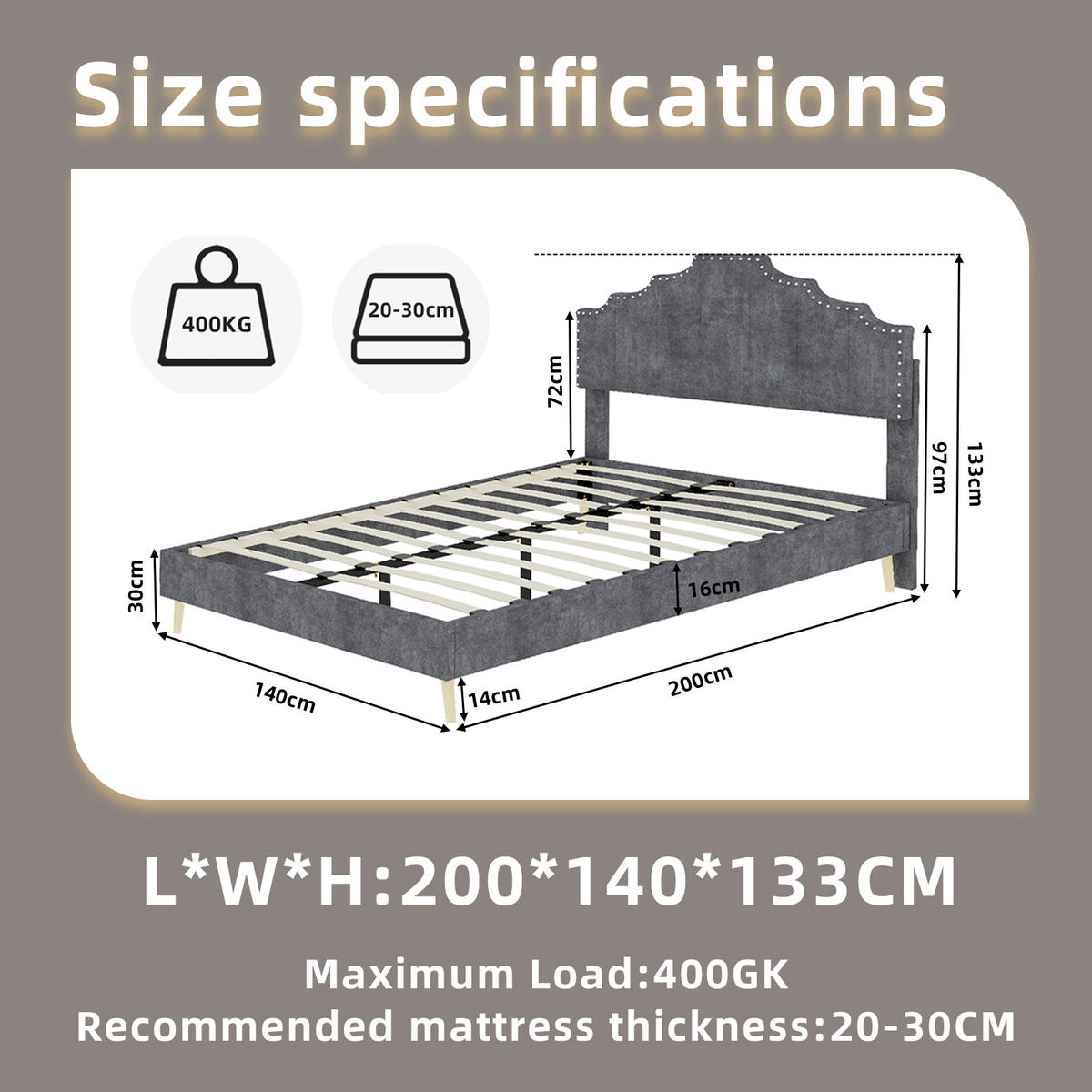 POLSTERBETT 140/200 cm DE-32982 mit geometrischem Kopfteil Grau - Grau, Metall (140/200cm) - ComfortXL