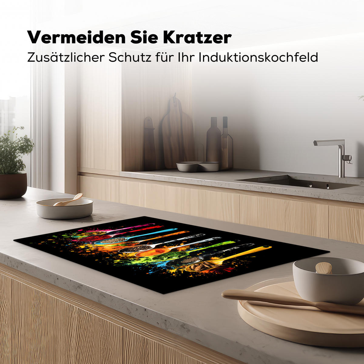 HERDABDECKPLATTE Löffel - Gewürze - Modern - Graffiti - Farbe - Farbenfroh Induktionsschutz 81.6x52.7 cm - Multicolor, Kunststoff (81.6/52.7/0.2cm) - MuchoWow