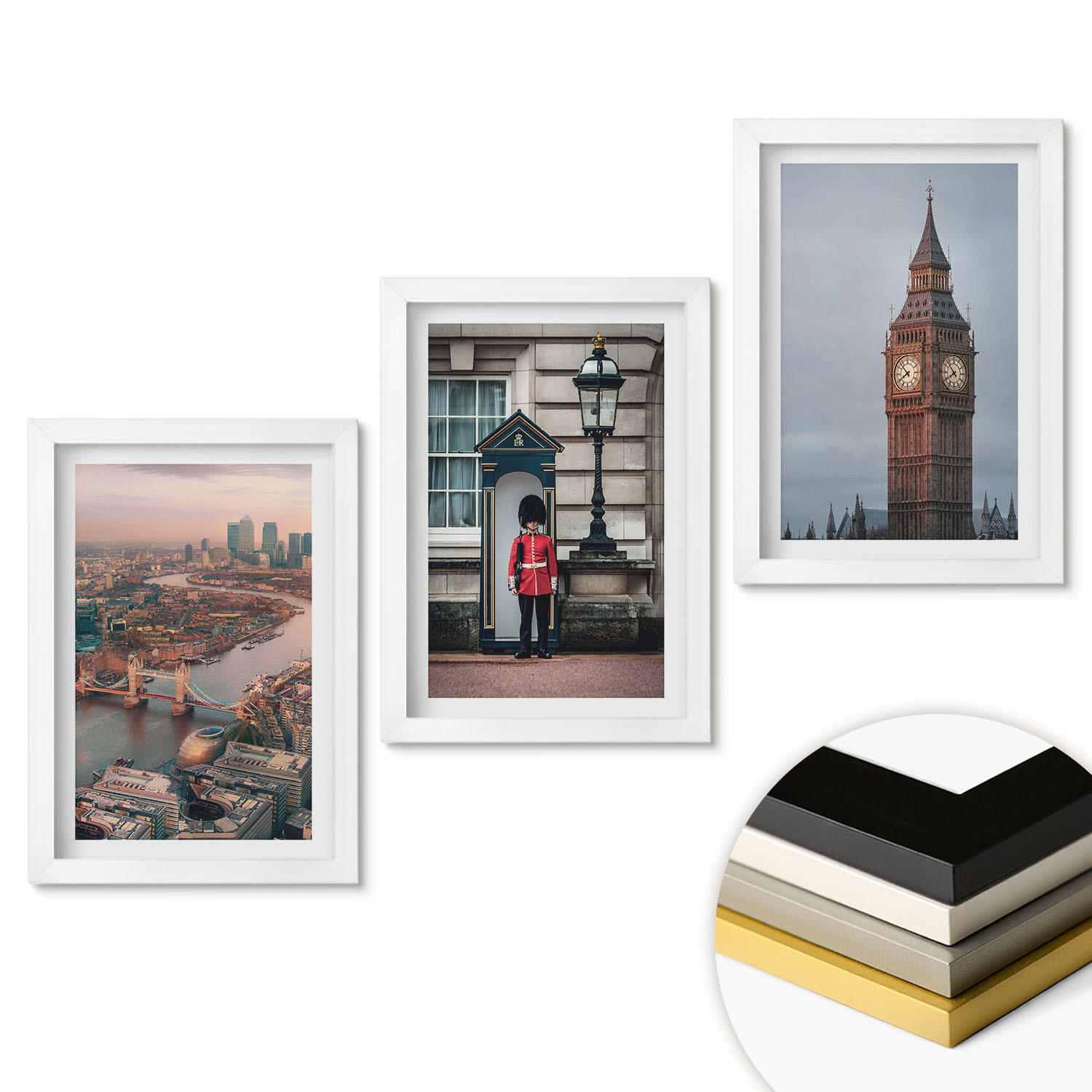 WANDBILDER 3er-Set - 20x30 cm Weißer Rahmen - London Bridge Guardian Big Ben - Weiß, Kunststoff (20/30cm) - ArtPrintCave