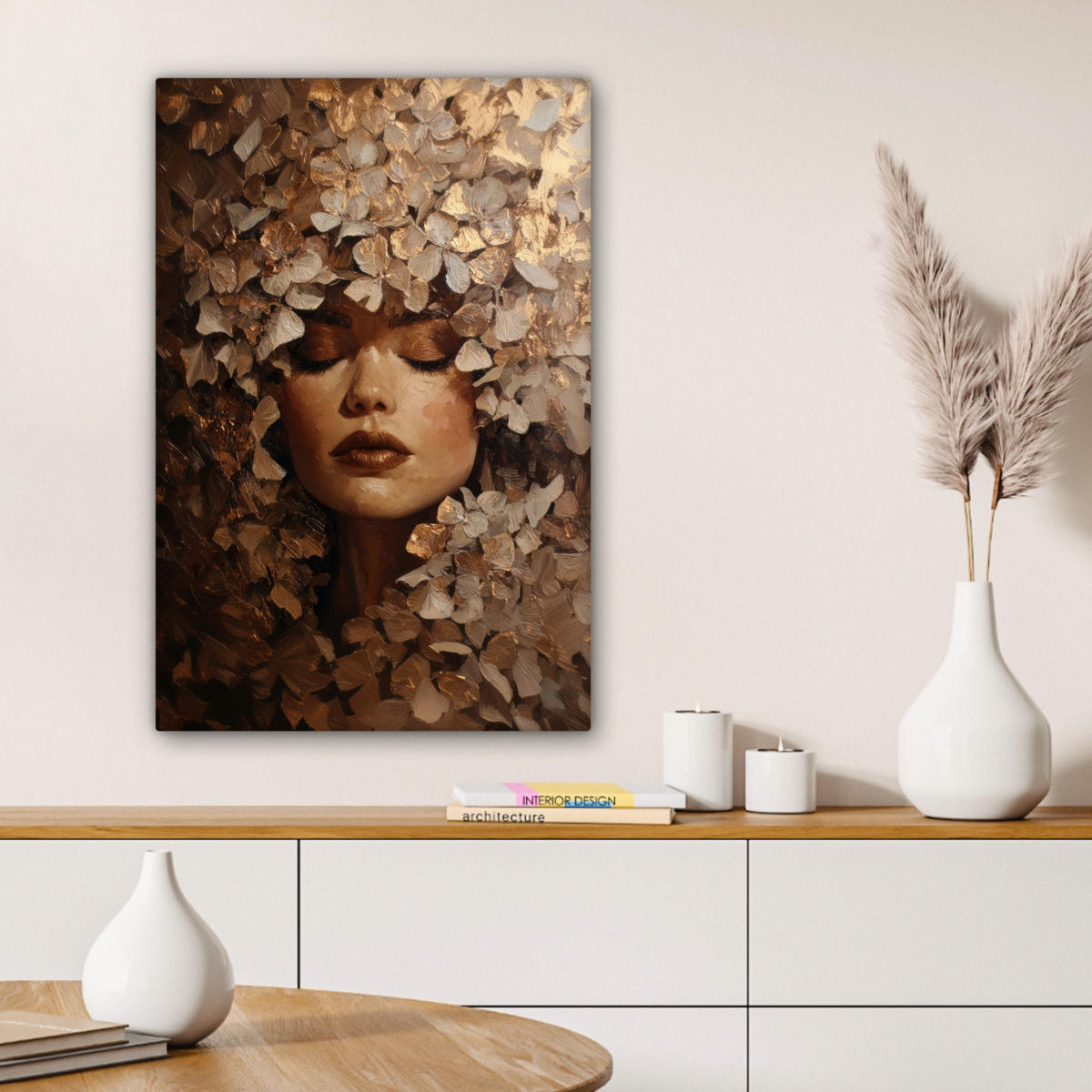 LEINWANDBILD Gesicht - Dame - Blätter - Pinselstriche Wanddeko Schlafzimmer 60x90 cm - Goldfarben, Textil (60/90cm) - MuchoWow