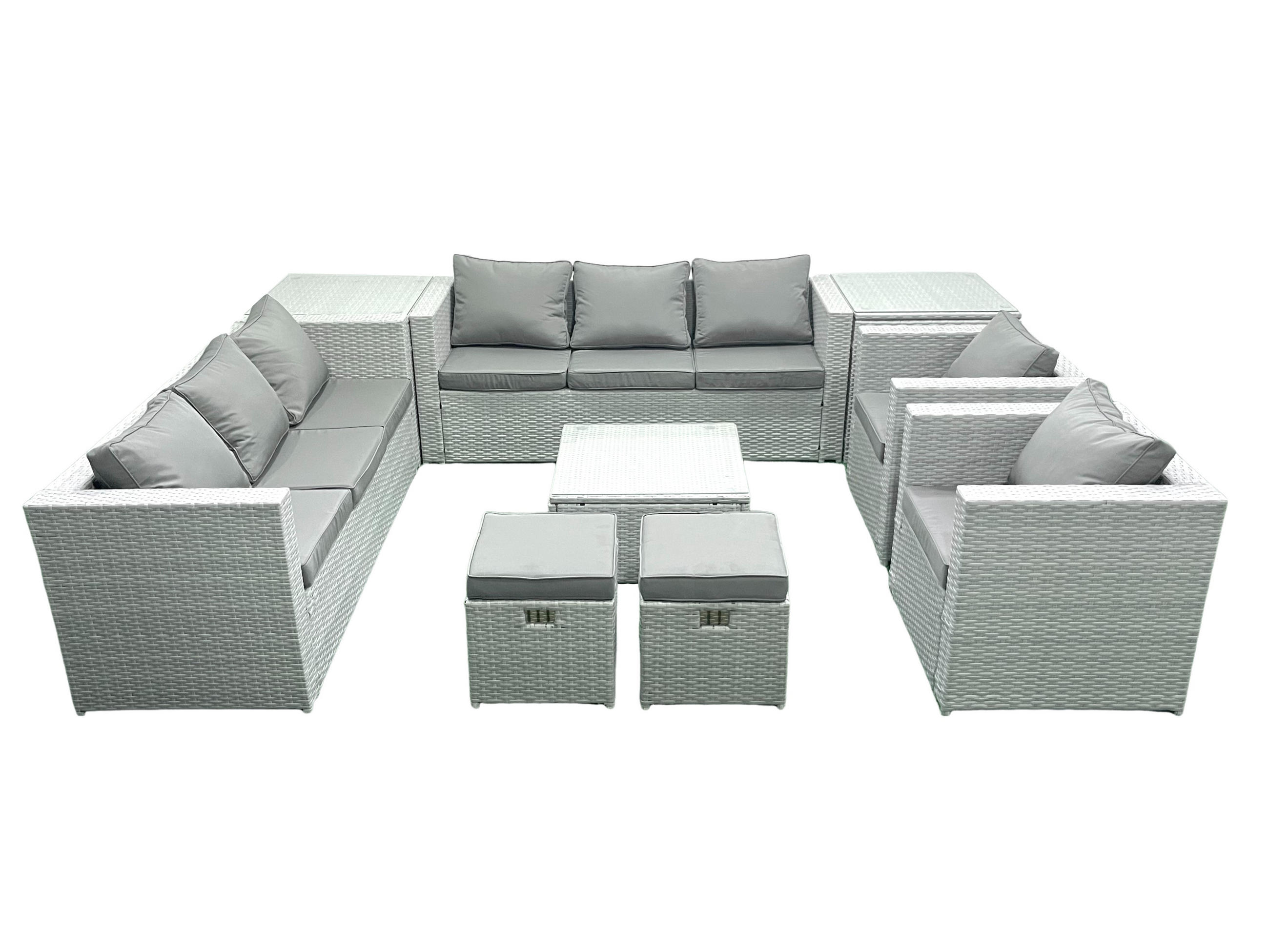 GARTENMÖBEL-SET mit Kissen Polyrattan Hellgrau-Mix 10-Sitzer - Hellgrau/Grau, Glas/Kunststoff - Fimous