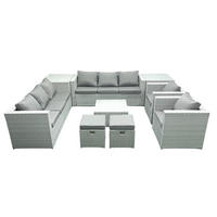 GARTENMÖBEL-SET mit Kissen Polyrattan Hellgrau-Mix 10-Sitzer - Hellgrau/Grau, Glas/Kunststoff - Fimous