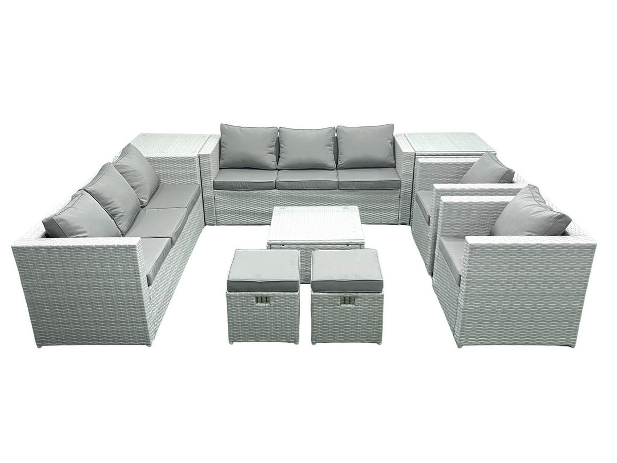 GARTENMÖBEL-SET mit Kissen Polyrattan Hellgrau-Mix 10-Sitzer - Hellgrau/Grau, Glas/Kunststoff - Fimous