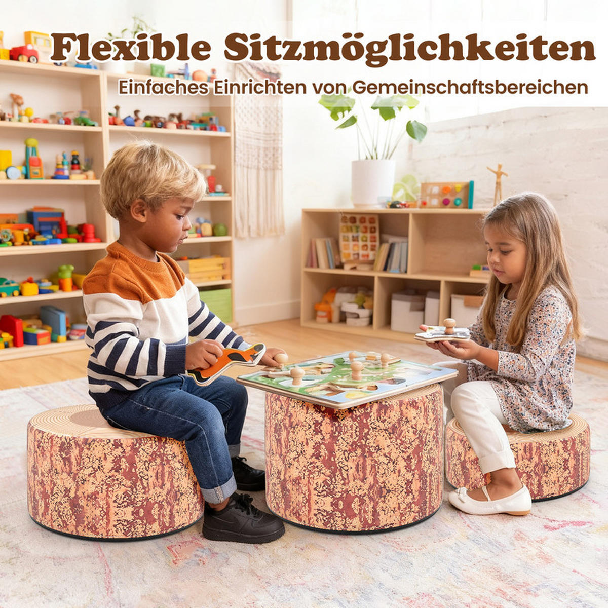 KINDERSITZGRUPPE aus Holz mit Muster braun(3-tlg) - Braun, Leder (38/25/38cm) - COSTWAY