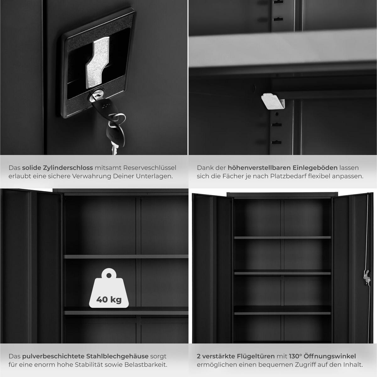 AKTENSCHRANK ,140 x 90 x 40 cm,schwarz - Schwarz, Metall (90/140/40cm) - tectake
