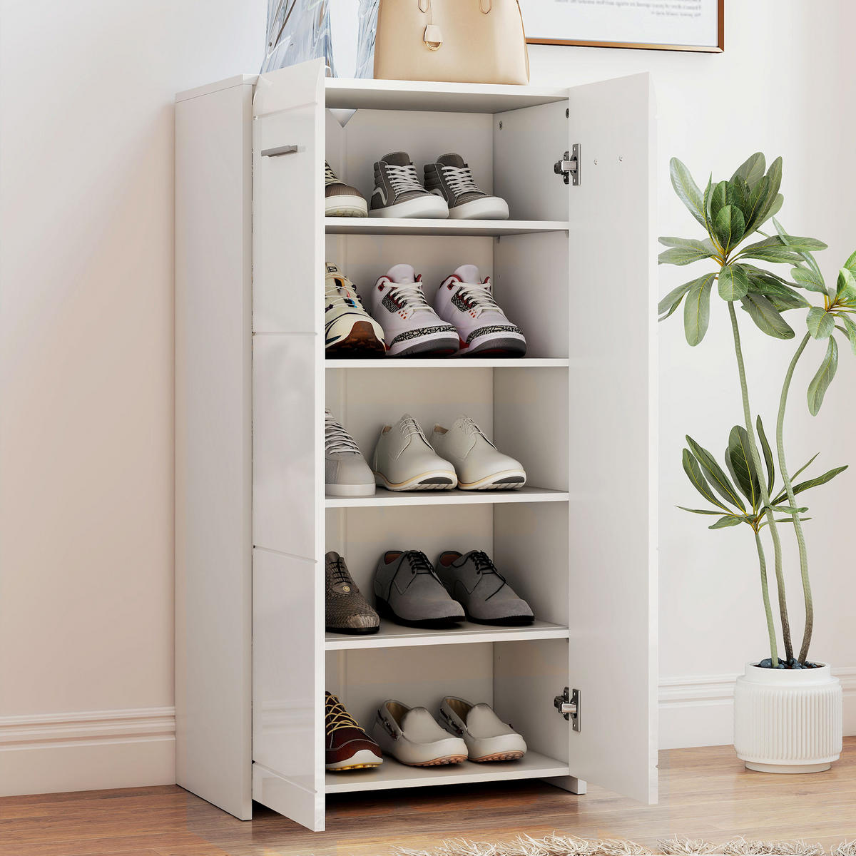 SCHUHSCHRANK DE-15094 5 Ebenen, für 10 Paar Schuhe Weiß - Weiß Hochglanz, Holzwerkstoff (55/108/36cm) - ComfortXL