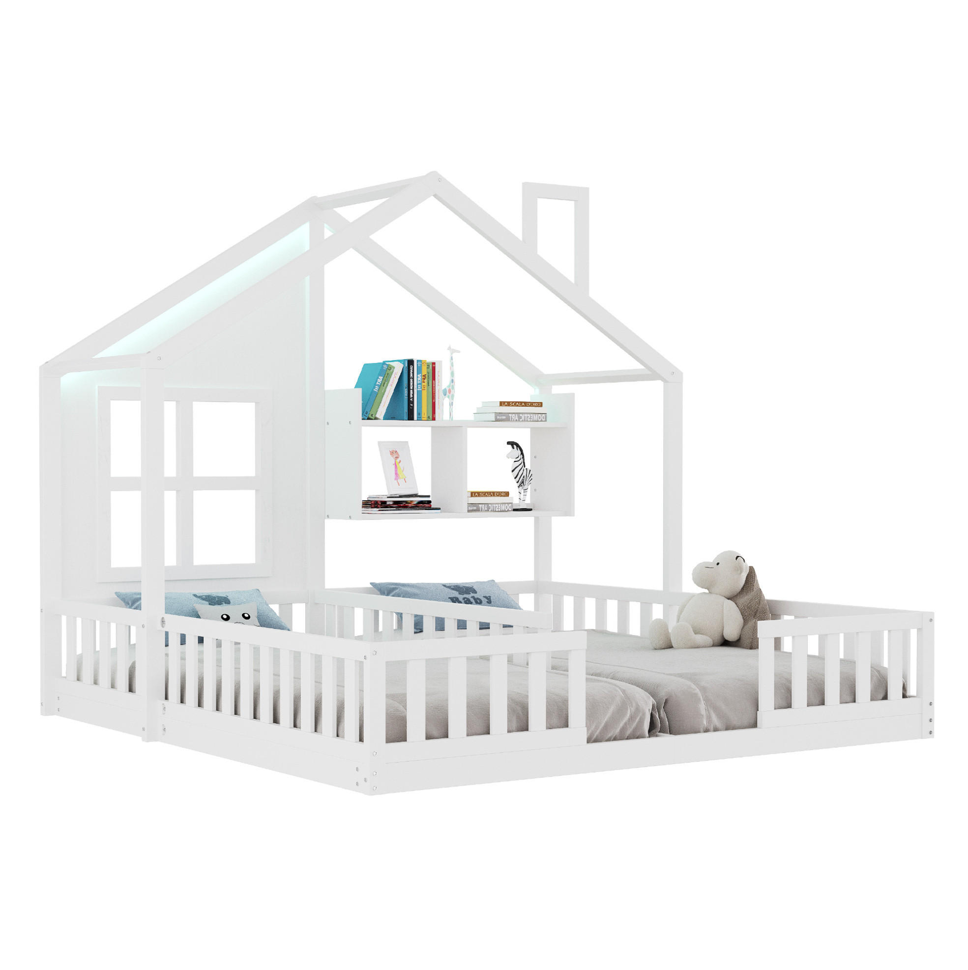 HAUSBETT 90/200 cm weiß aus Massivholz mit LED und Stauraum - Weiß, Holz (90/200cm) - OKWISH