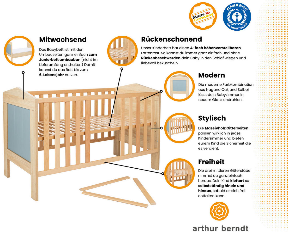 BABYBETT Roofy - Eichefarben/Salbeigrün, Holz/Holzwerkstoff - arthur berndt