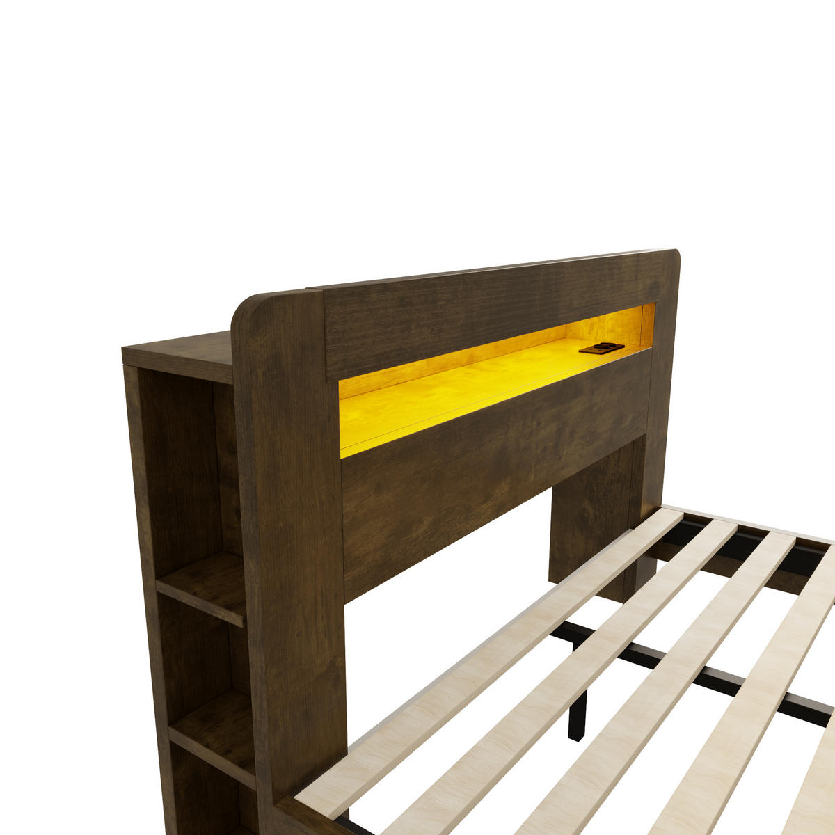 BETTGESTELL 140/200 cm in Vintage-Holz mit Stauraum, LED und Steckdosen aus Holz - Eichefarben, Holz/Holzwerkstoff (140/200cm) - CHICFURN