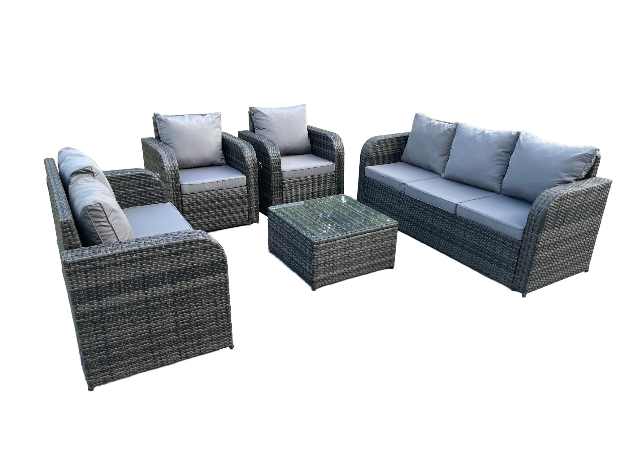GARTENMÖBEL SET MIT LIEGESTUHL 3 SITZER SOFA Polyrattan Outdoor 9-Sitzer - Dunkelgrau/Grau, Glas/Kunststoff - Fimous