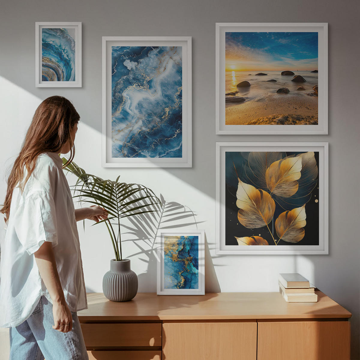 WANDBILDER 5er-Set - 50x50 cm & 20x30 cm & 40x60 cm Weißer Rahmen - Porträt einer Frau, Auge, Farben, Emotionen - Weiß, Kunststoff (40/60cm) - ArtPrintCave
