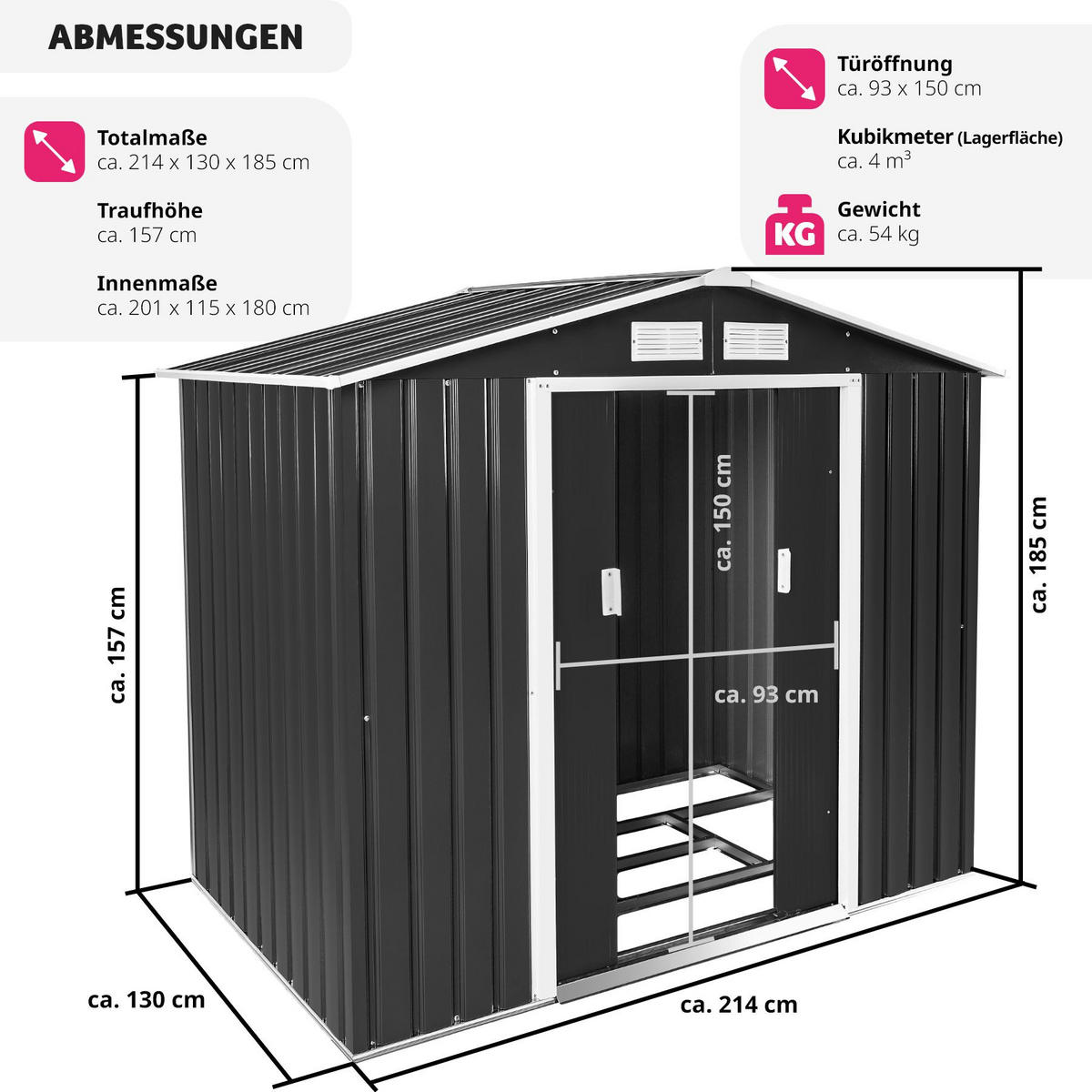 GARTENHAUS mit Satteldach, 214 x 130 x 185 cm,grau/weiß - Weiß/Grau, Metall (130/185/214cm) - tectake