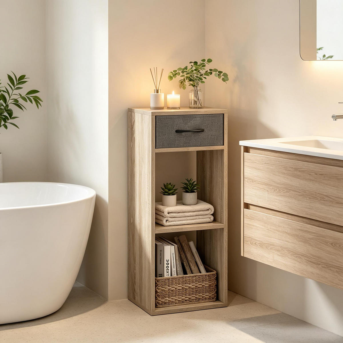 BÜCHERREGAL Grau/Eichefarben 1 Schublade 2 offene Fächer 32/30/80 cm - Grau, Holzwerkstoff (32.4/80/30cm) - PANGIVO