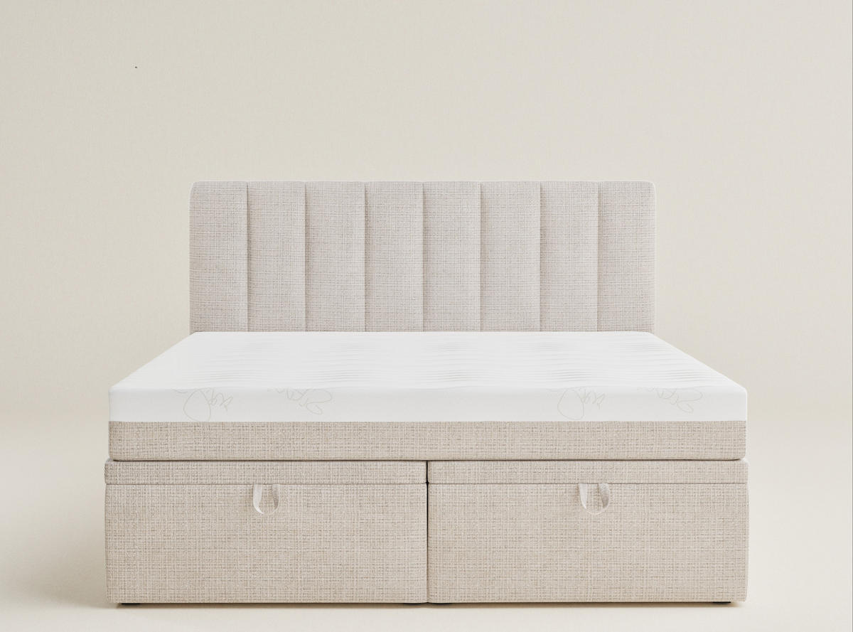 BOXBETT 180/200 cm Lovage M, in Creme, Matratze, gepolstertes Kopfteil, Bettkasten, H3 = fest - Creme/Schwarz, Holz/Holzwerkstoff (180/200cm) - Maison de Reve