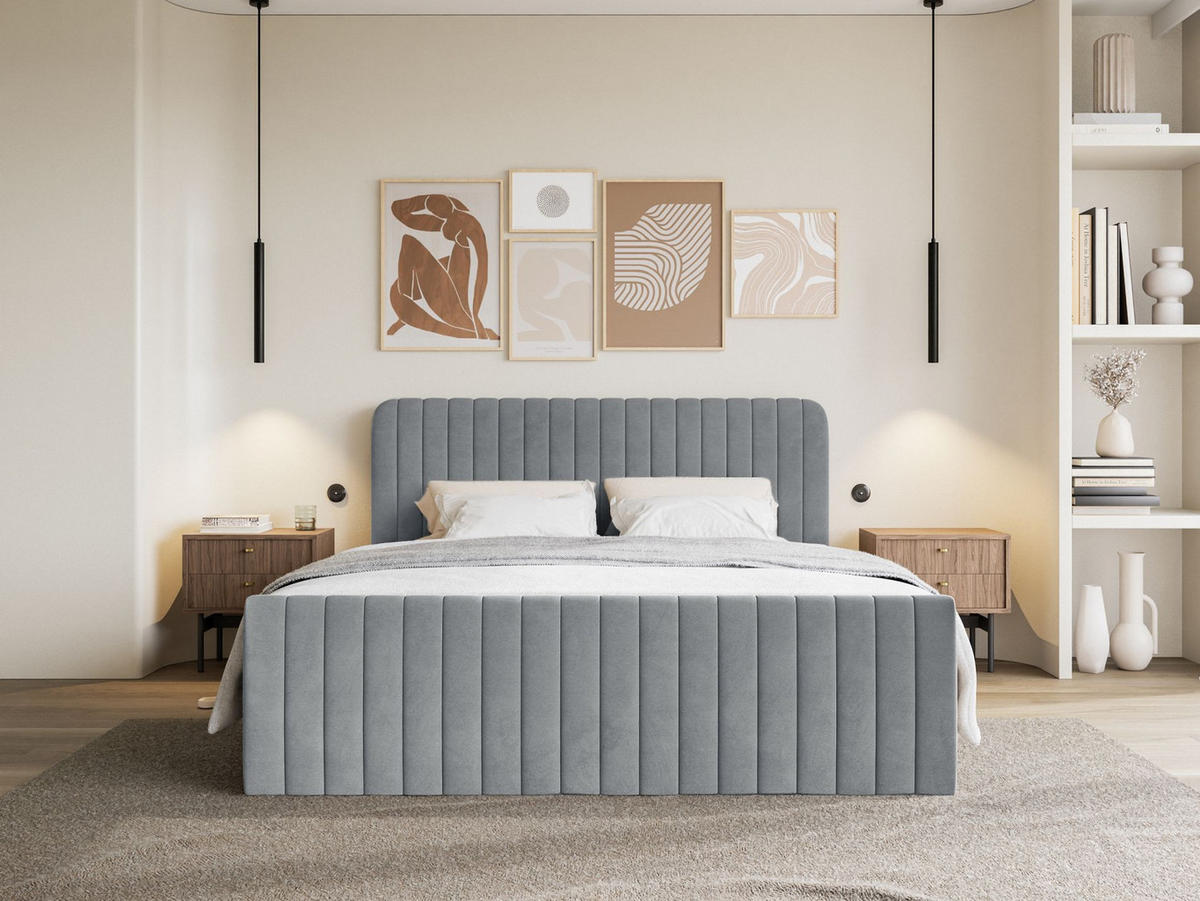 BOXBETT Saliano mit Topper und Samtbezug Grau, 180x200 cm - Grau, Kunststoff/Textil (180/200cm) - Selsey
