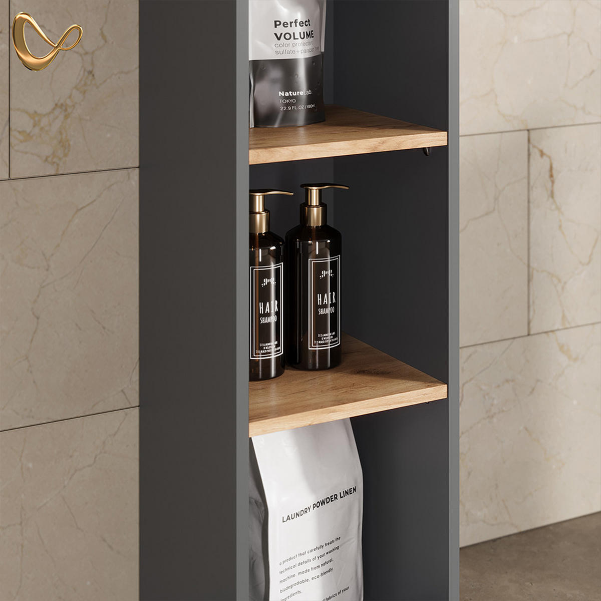 BADSCHRANK Paolina Anthrazit/Goldkraft Eiche 30 x 188.6 cm - Honigeiche/Anthrazit, Holzwerkstoff (30/188.6/27.3cm) - Livinity®