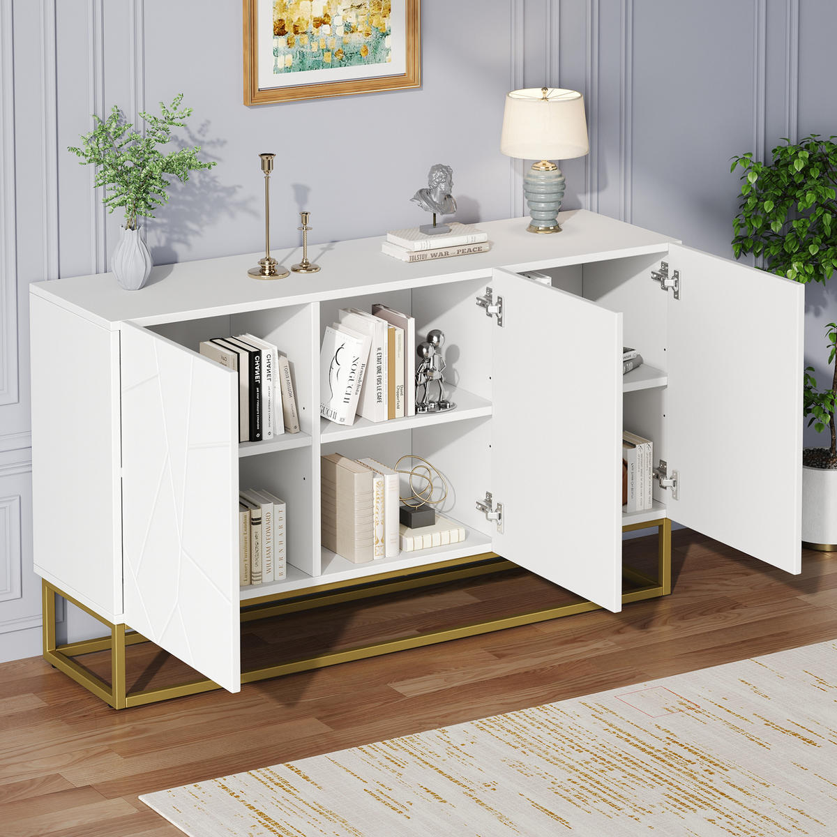 SIDEBOARD 130/38/76 cm mit 3 Türen, verstellbaren Einlegeböden und Hochglanzfront, Weiß/Gold - Weiß, Holzwerkstoff (130/76/35cm) - Redom
