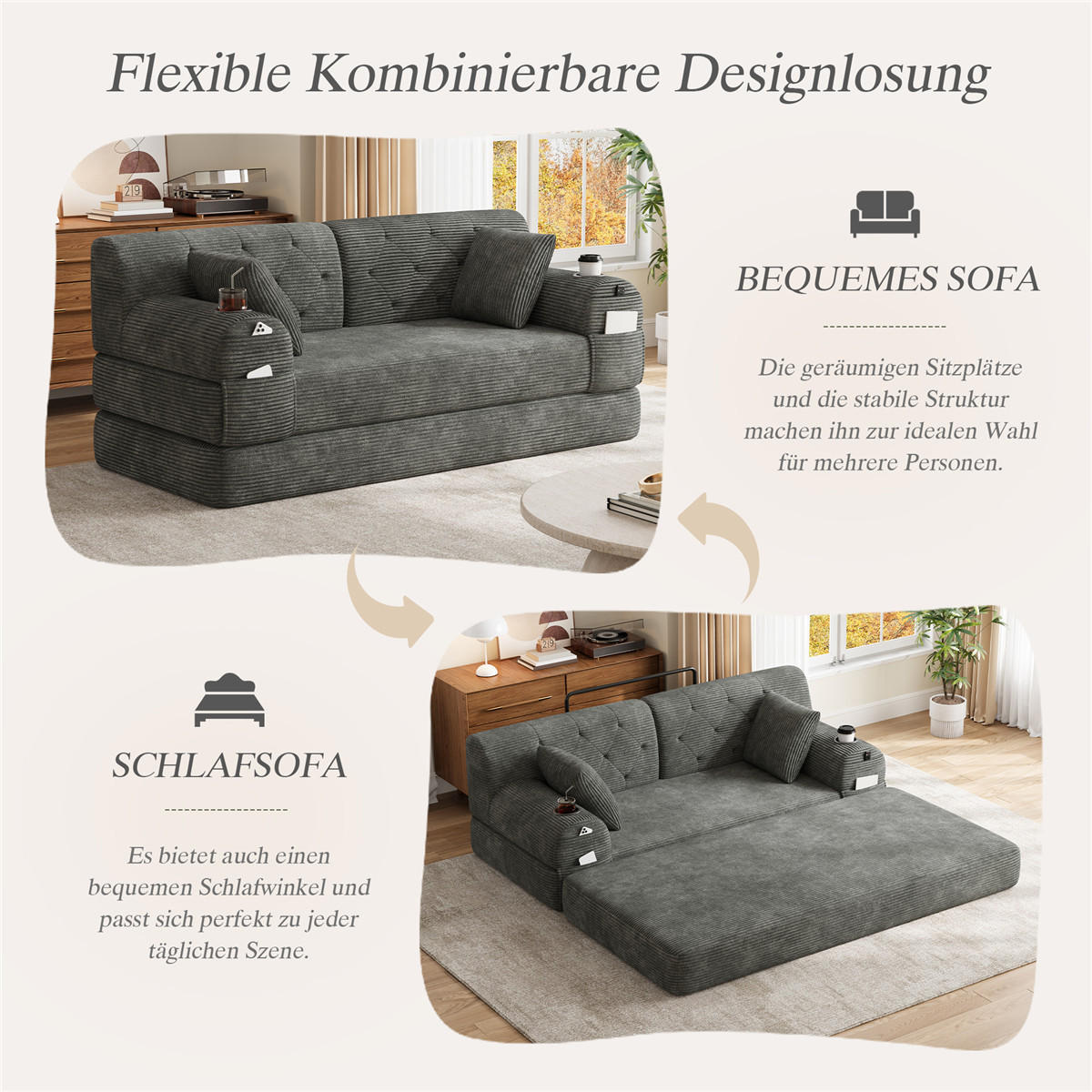 SCHLAFSOFA 2-Sitzer Cord Schlafcouch mit Stauraumtaschen, Grau - Grau, Textil (168/81/80cm) - Kaket