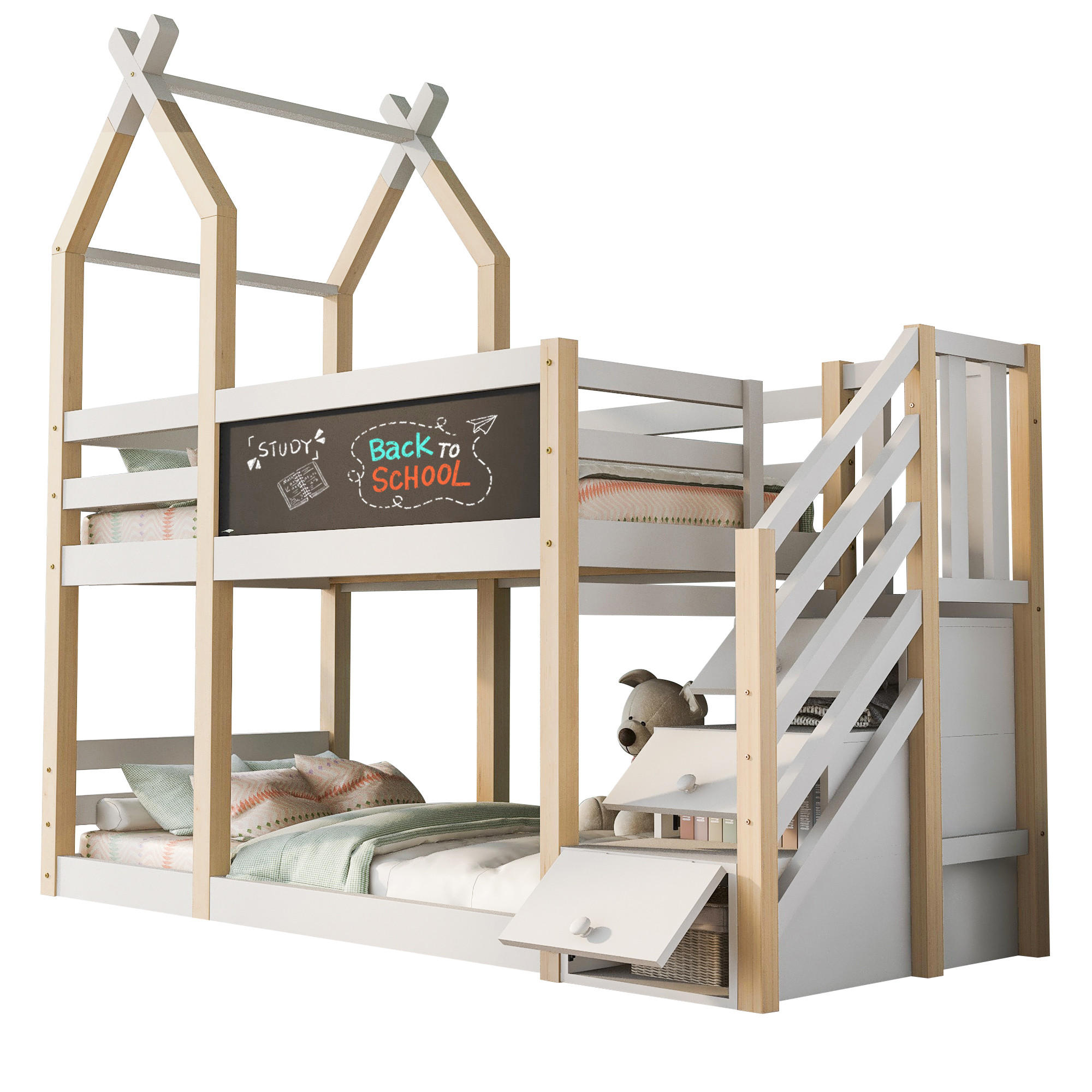 ETAGENBETT 90/200 cm Weiß Baumhaus Design mit Tafel und Rausfallschutz - Weiß, Holzwerkstoff (90/200cm) - OKWISH