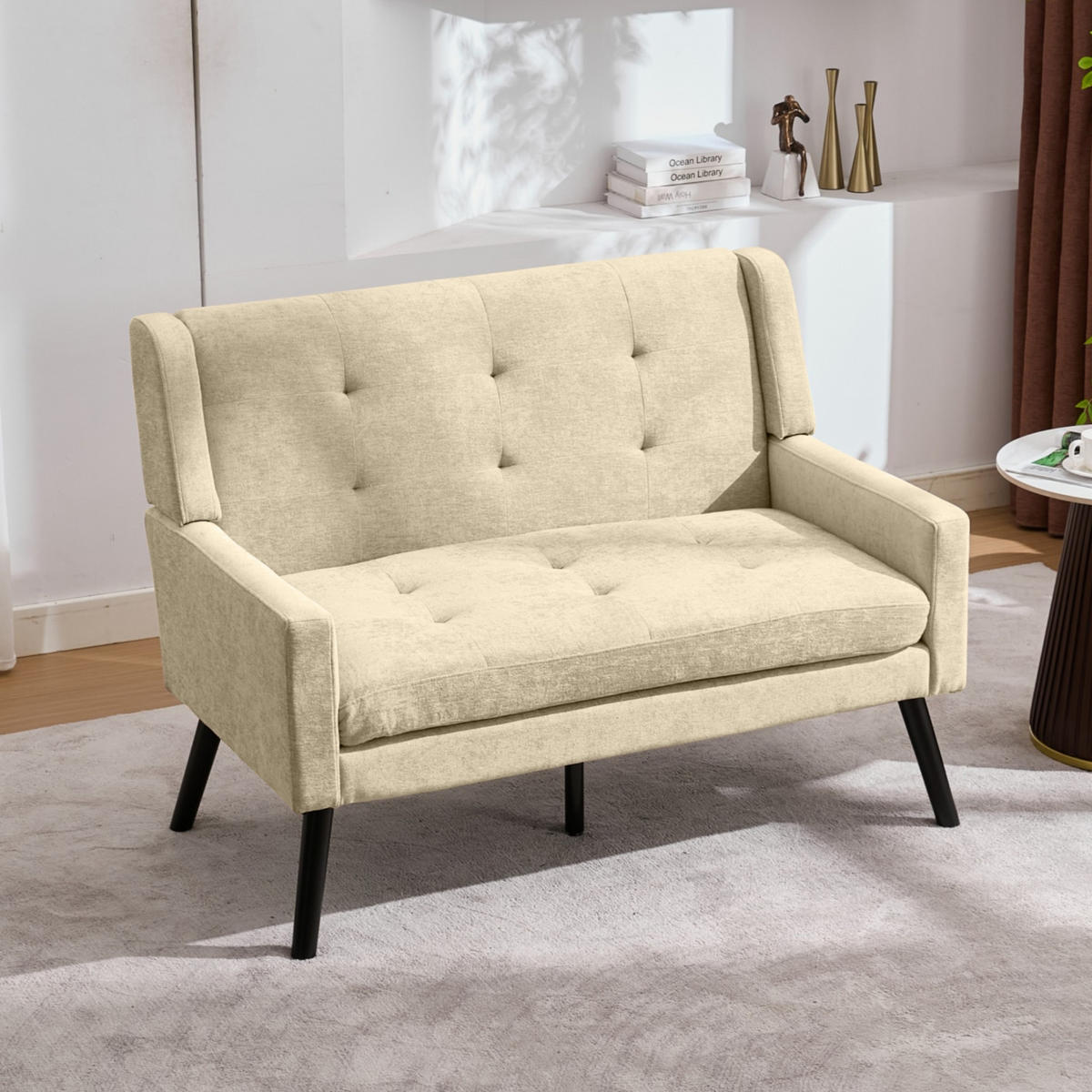 SITZBANK 2-Sitzer Leinenbezug mit Knopfheftung, Massivholzbeinen 119/75/88 cm Beige - Beige, Textil (75/88/119cm) - Redom