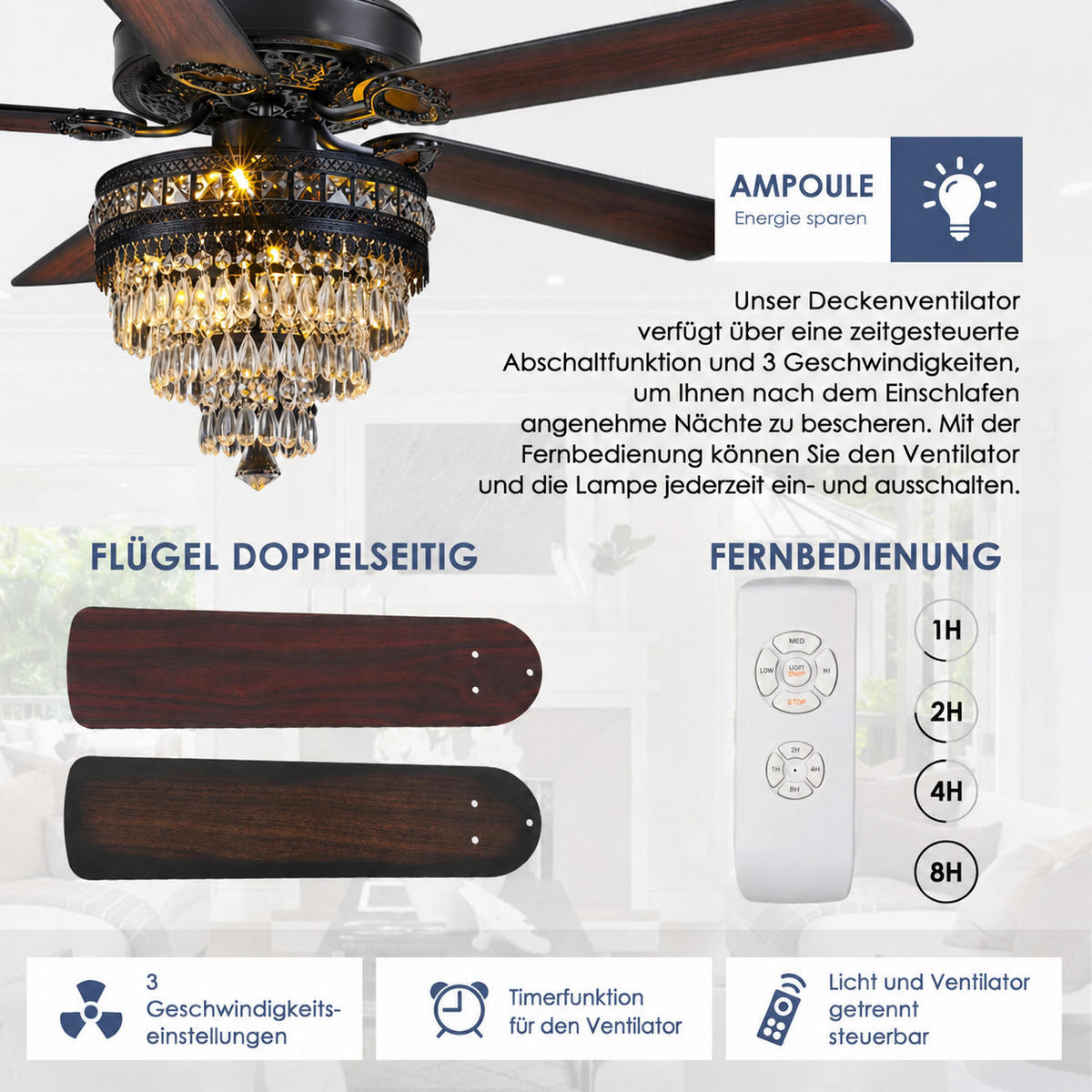 DECKENVENTILATOR Schwarz 132 cm mit Kristallleuchte und Fernbedienung - Schwarz, Metall (132.1/132.1/59.9cm) - Surtime