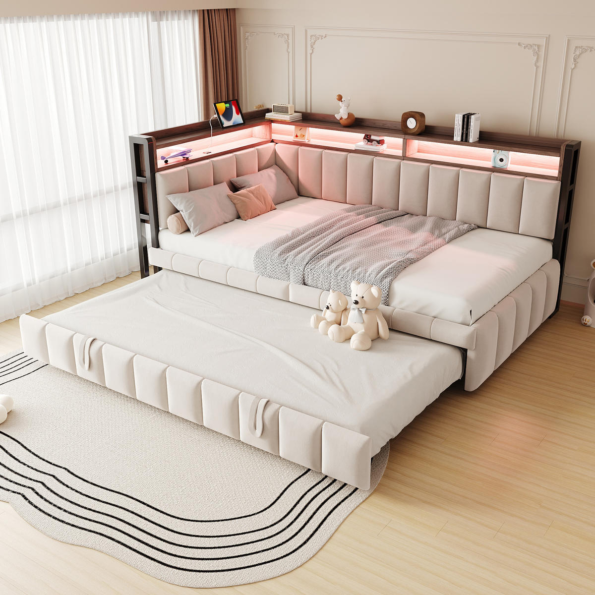 BETT mit Ausziehbett 90/200cm und LED-Beleuchtung in Beige Samt - Beige, Textil (90/200cm) - OKWISH