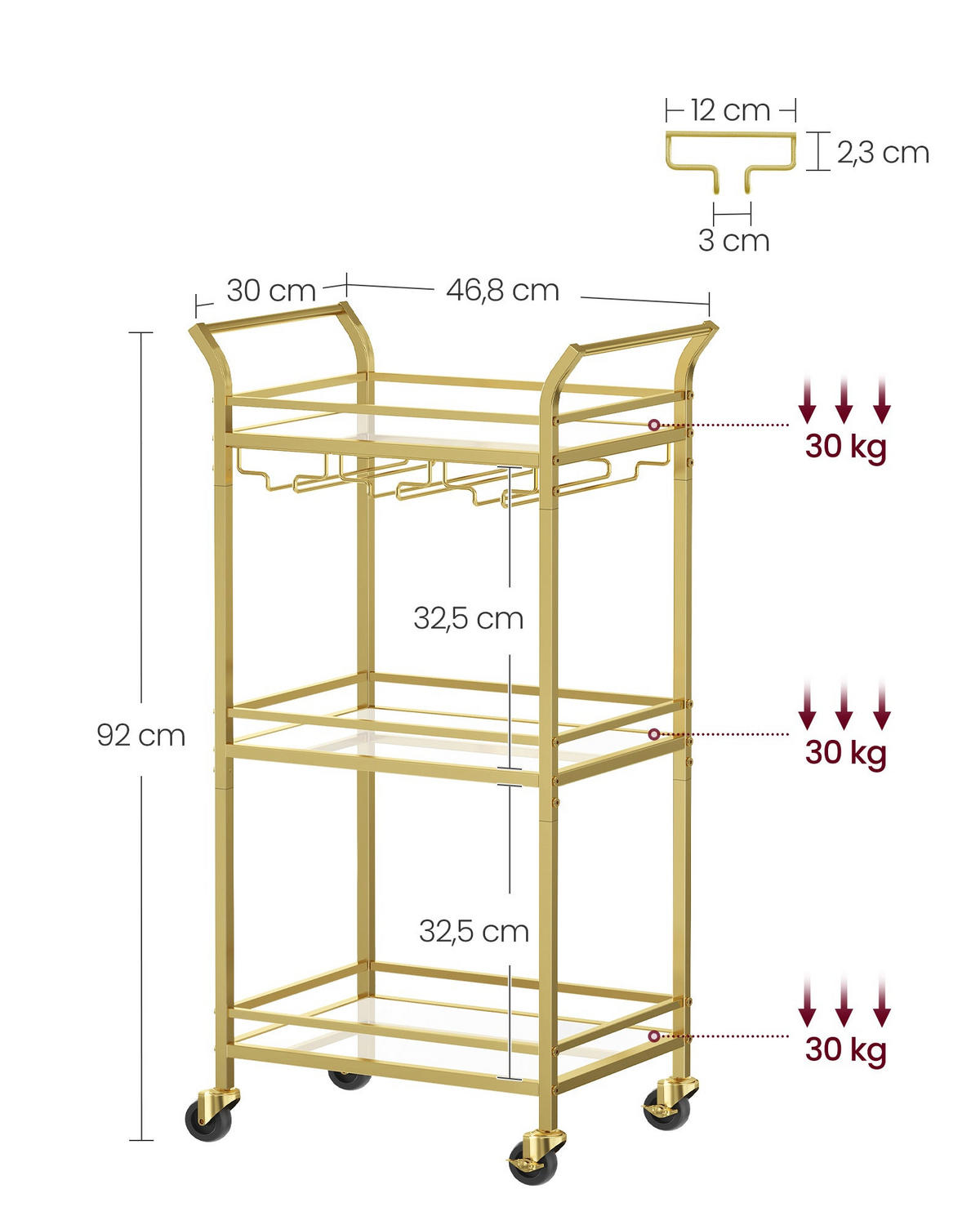SERVIERWAGEN VICTORIA - Goldfarben, Glas (46.8/92/30cm) - Hansiro