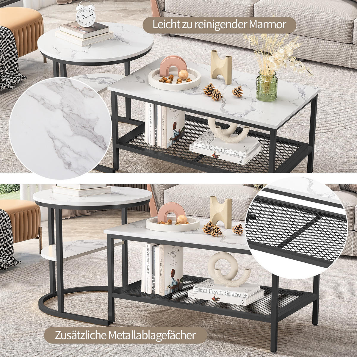 COUCHTISCH-SET 2-teilig Marmor-Optik mit schwarzem Metallrahmen - Schwarz, Metall (132/52/51cm) - DELFA