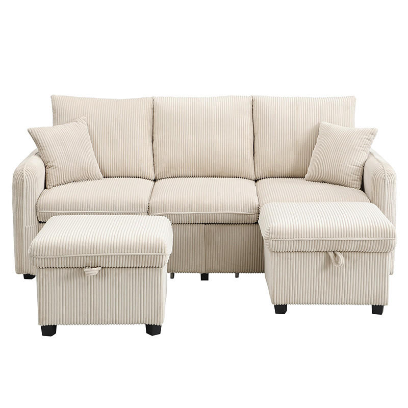 ECKSCHLAFSOFA 3-Sitzer Cord mit Stauraum und 2 Hocker Beige 188/186/86 cm - Beige, Textil (186/188cm) - Redom