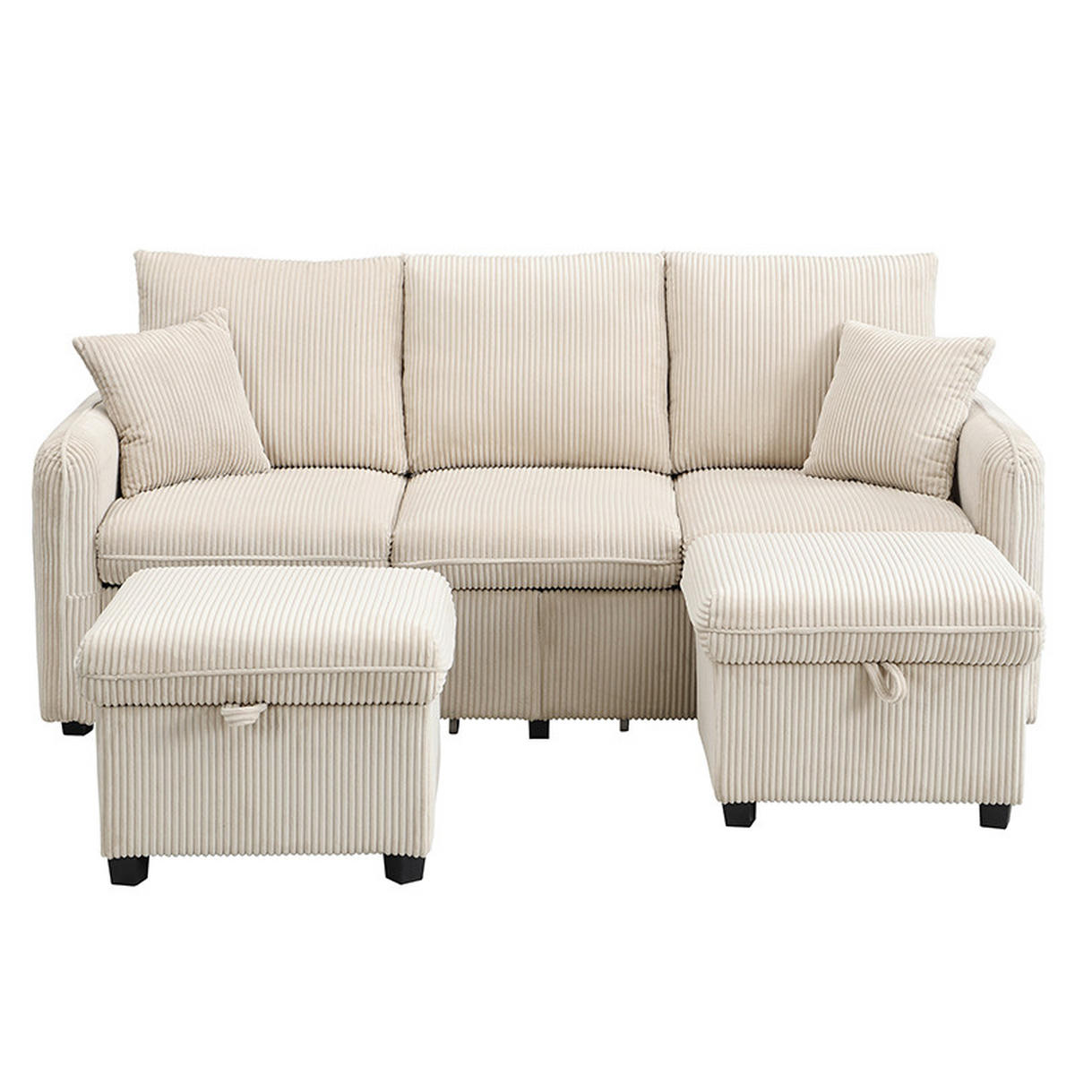 ECKSCHLAFSOFA 3-Sitzer Cord mit Stauraum und 2 Hocker Beige 188/186/86 cm - Beige, Textil (186/188cm) - Redom