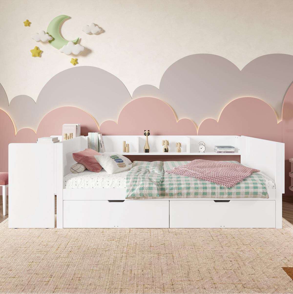 KINDERBETT 90/200 cm Weiß aus Kiefern mit Schreibtisch, 2 Schubladen und Regalen - Weiß, Holz (90/200cm) - OKMYHOME
