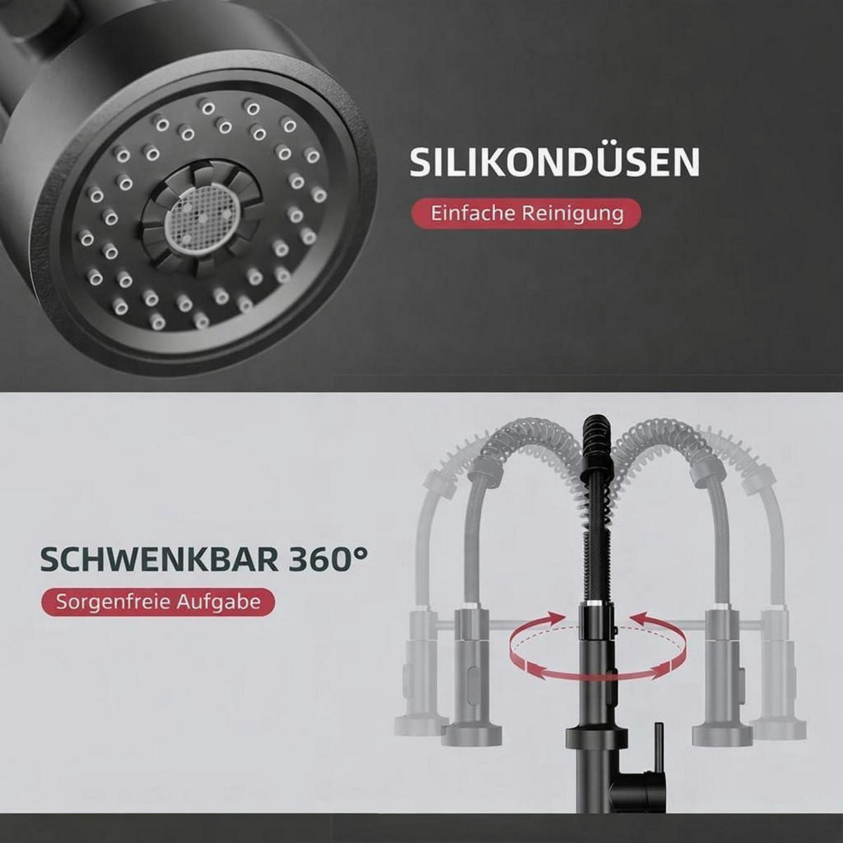 KÜCHENARMATUR mit Ausziehbrause 360° drehbar Schwarz - Schwarz, Metall (26/7.1/42cm)