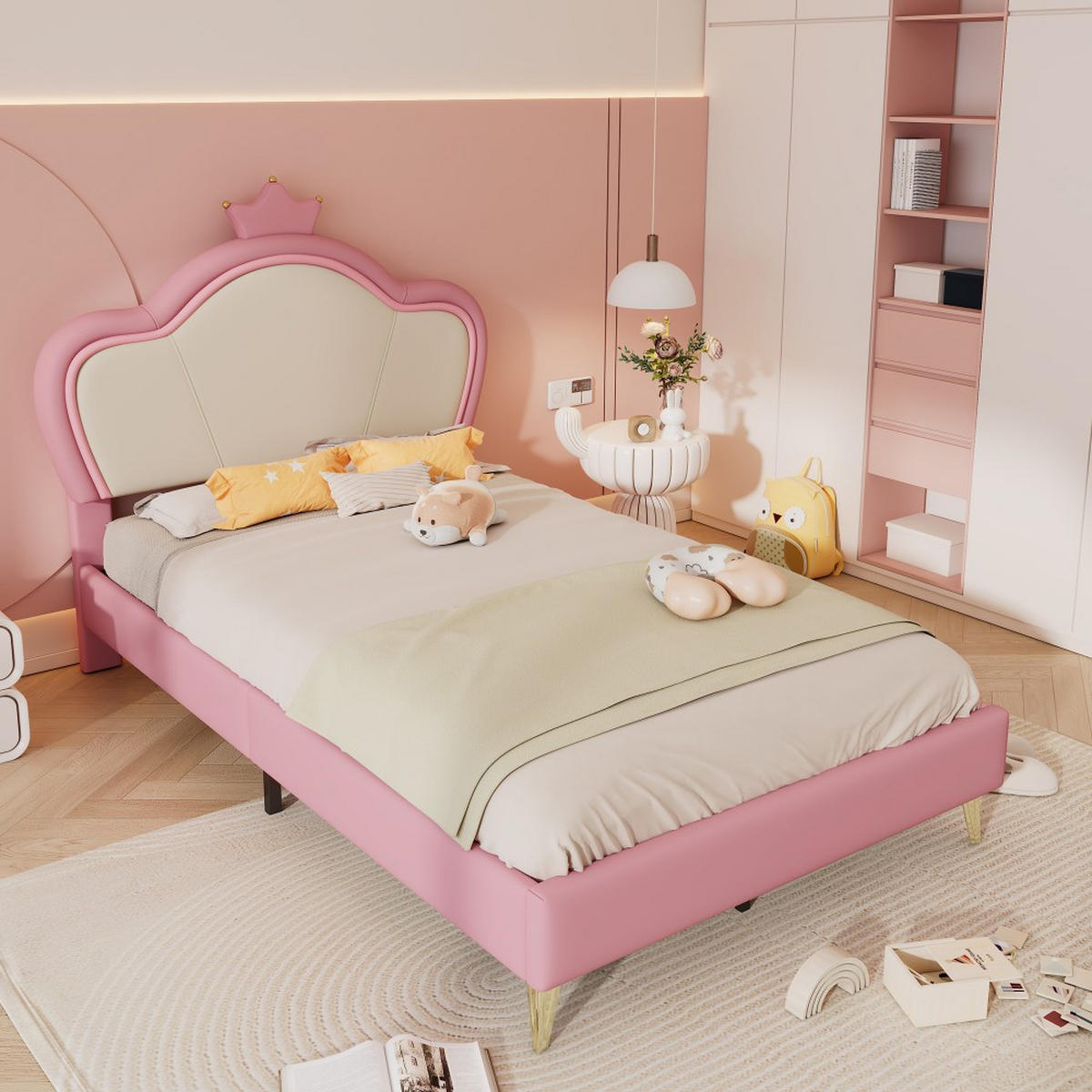 KINDERBETT 90x200cm in Rosa PU, Kopfteil mit Krone - Pink, Holz (90/200cm) - KOMHTOM