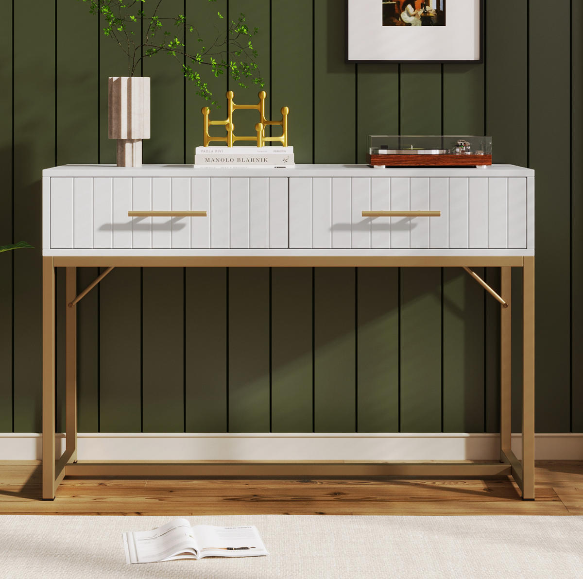 SCHMINKTISCH aus Spanplatte 100x45x75 cm Weiß mit 2 Schubladen, Metallgestell und geriffelten Fronten - Weiß, Holzwerkstoff (100/75/45cm) - Modfu