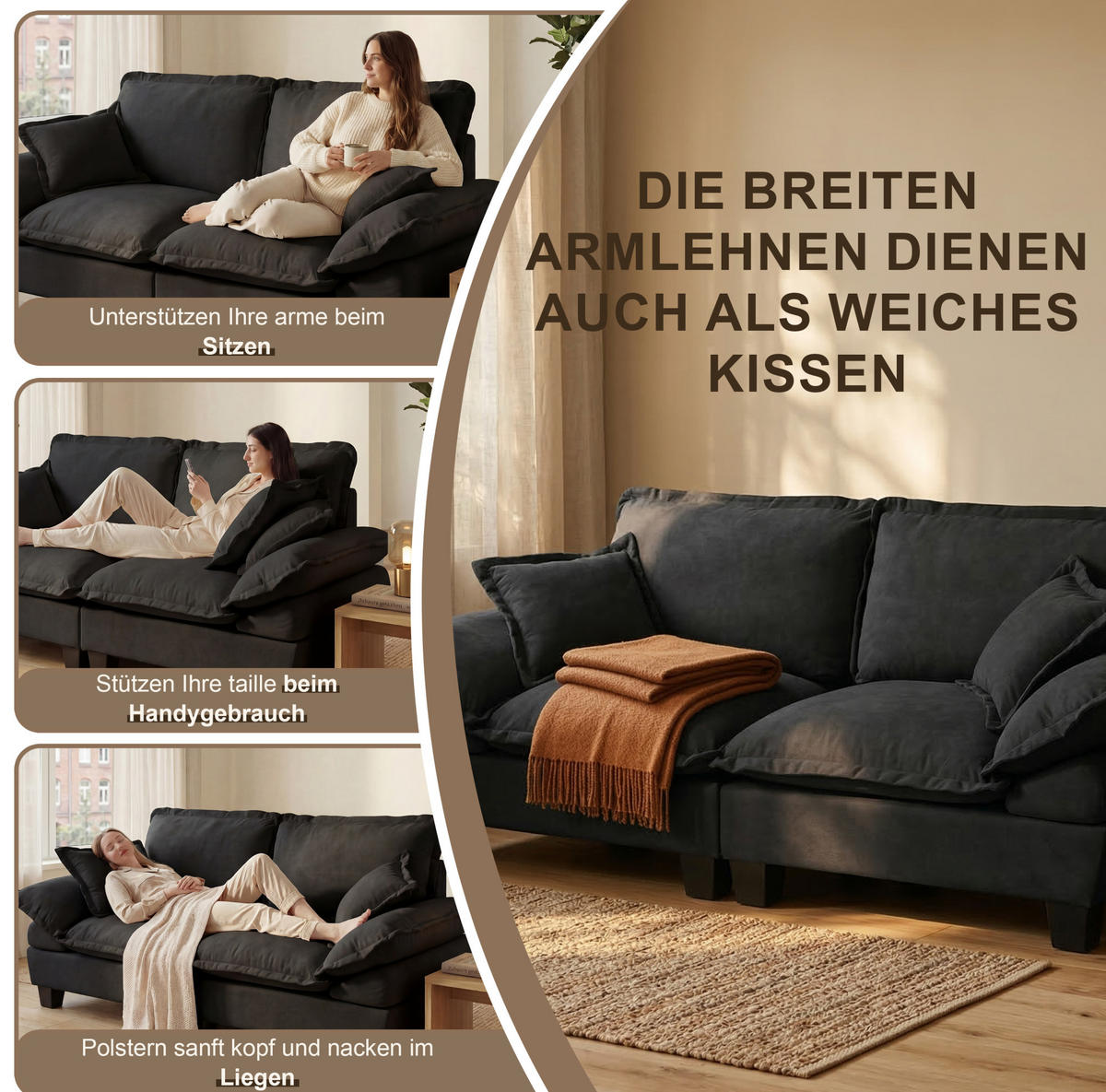 ECKSOFA 224/151/90 cm schwarz aus Chenille mit USB und Stauraum - Schwarz, Textil (151/224cm) - OKWISH