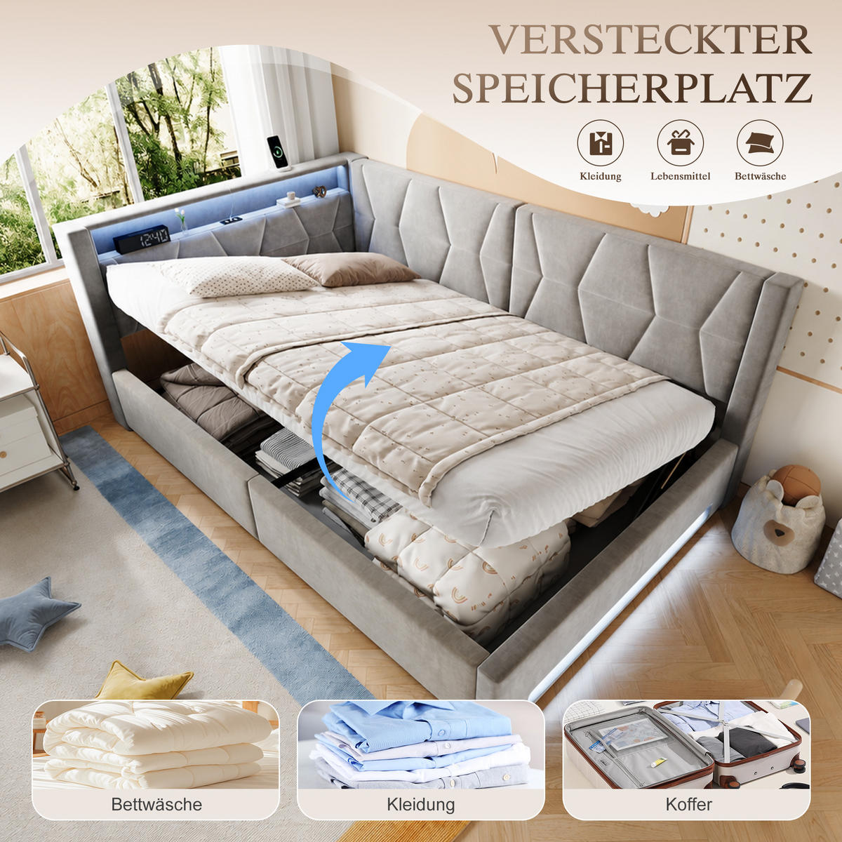 BOXBETT 140/200cm, LED/USB-C, Bettkasten, Lattenrost, Dunkelgrau - Dunkelgrau, Holz/Metall (140/200cm) - LVHOM