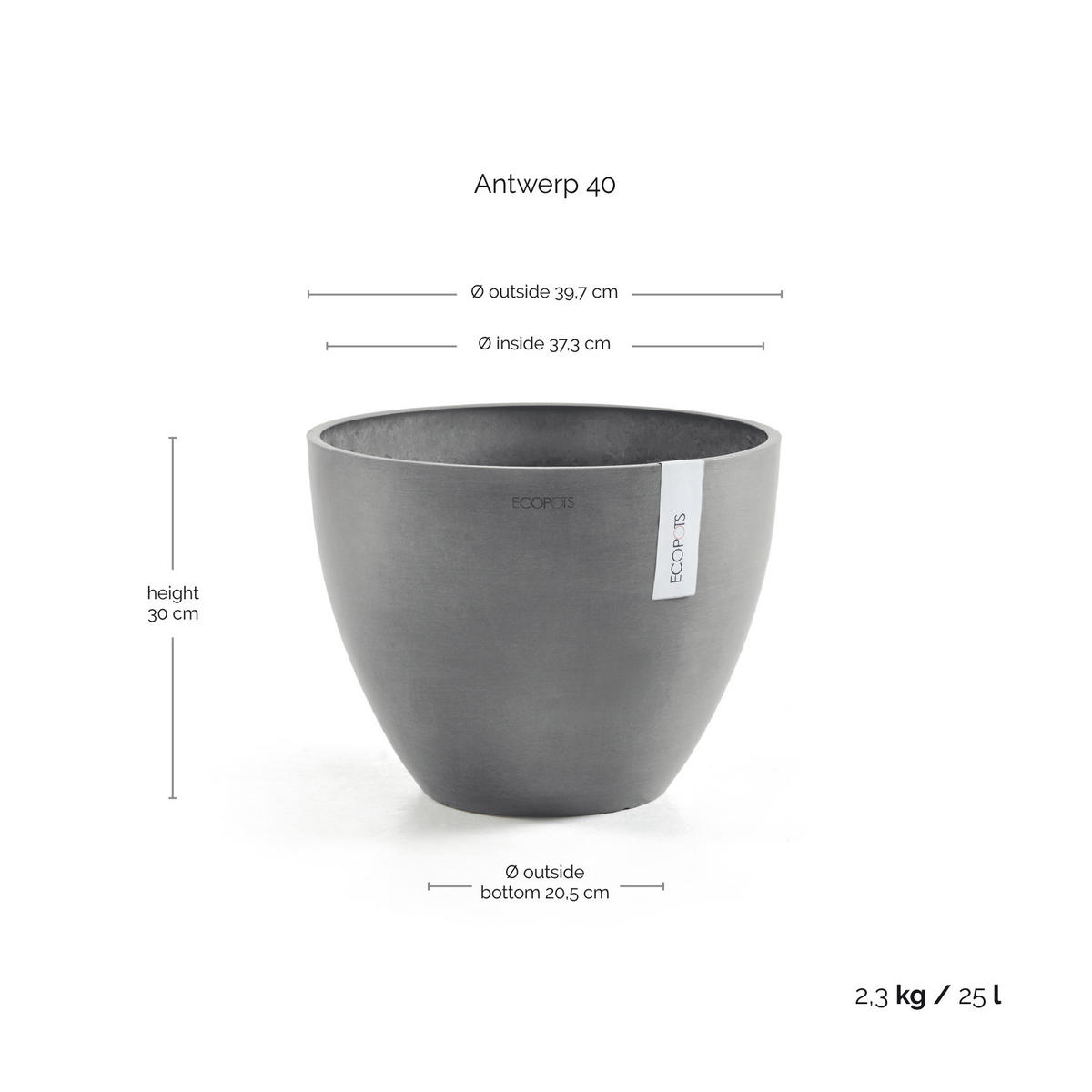 BLUMENTOPF Antwerp 39,7/30 cm Grau - Grau, Kunststoff (39.7/30cm) - Ecopots