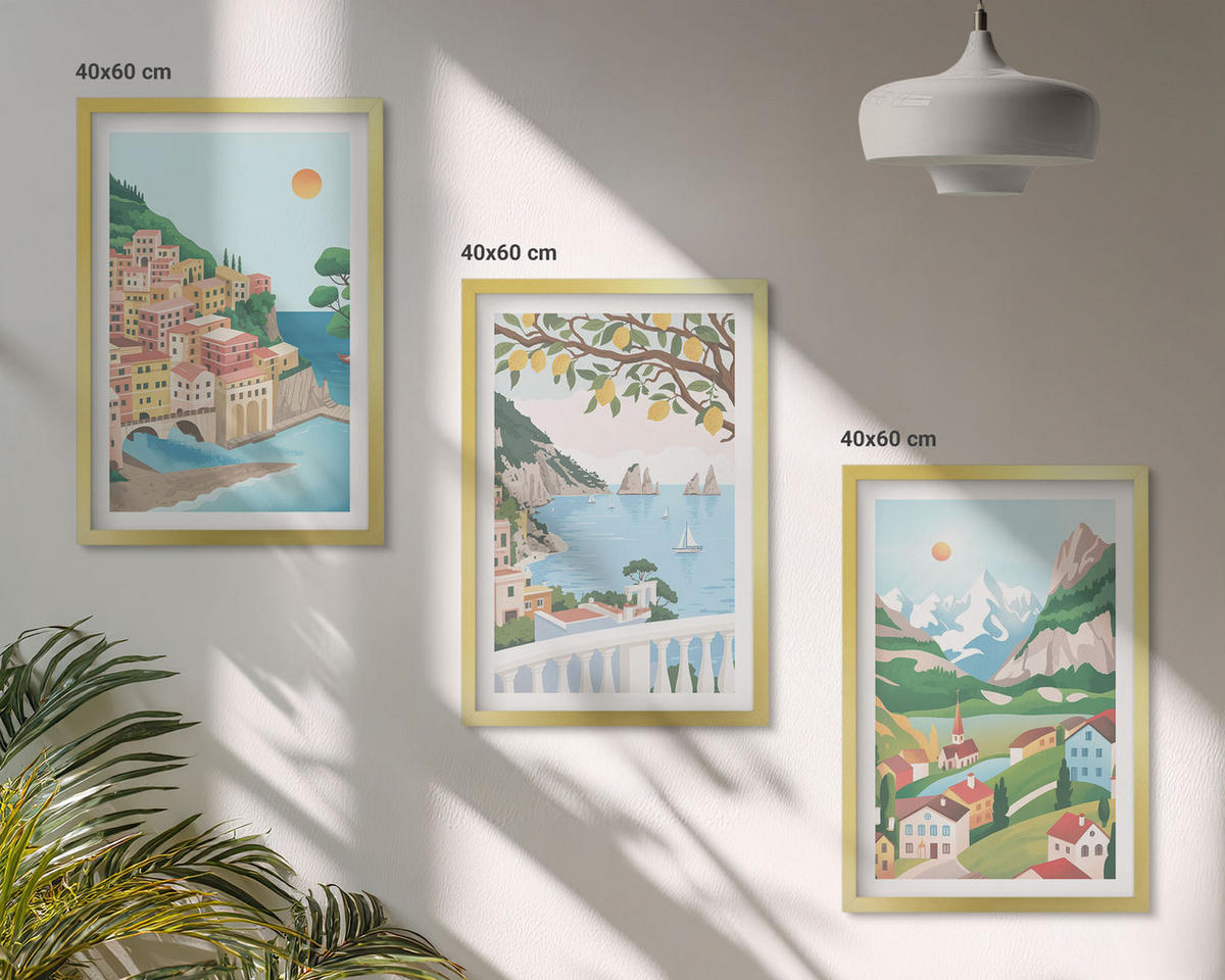 BILDER SET 3er Set - 40x60 cm Goldrahmen - Pastellfarbene Küstenansichten - Goldfarben, Kunststoff (40/60cm) - TULUP