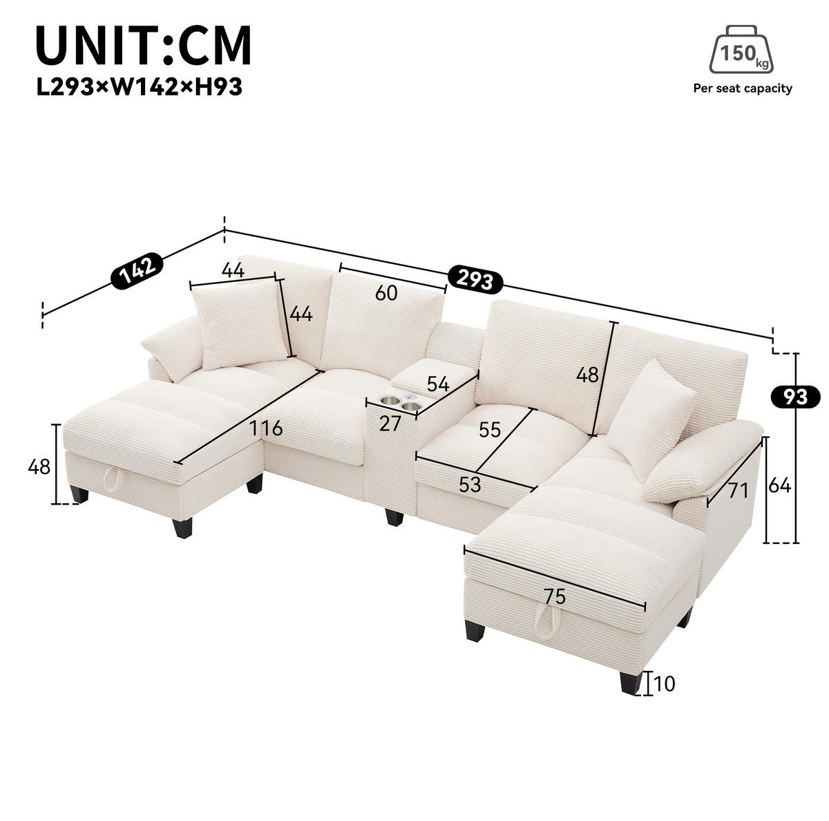 U-FORM Wohnlandschaft Cord mit Stauraum und USB-Anschluss 293/142/93 cm Beige - Beige, Kunststoff/Textil (93/293/142cm) - Redom