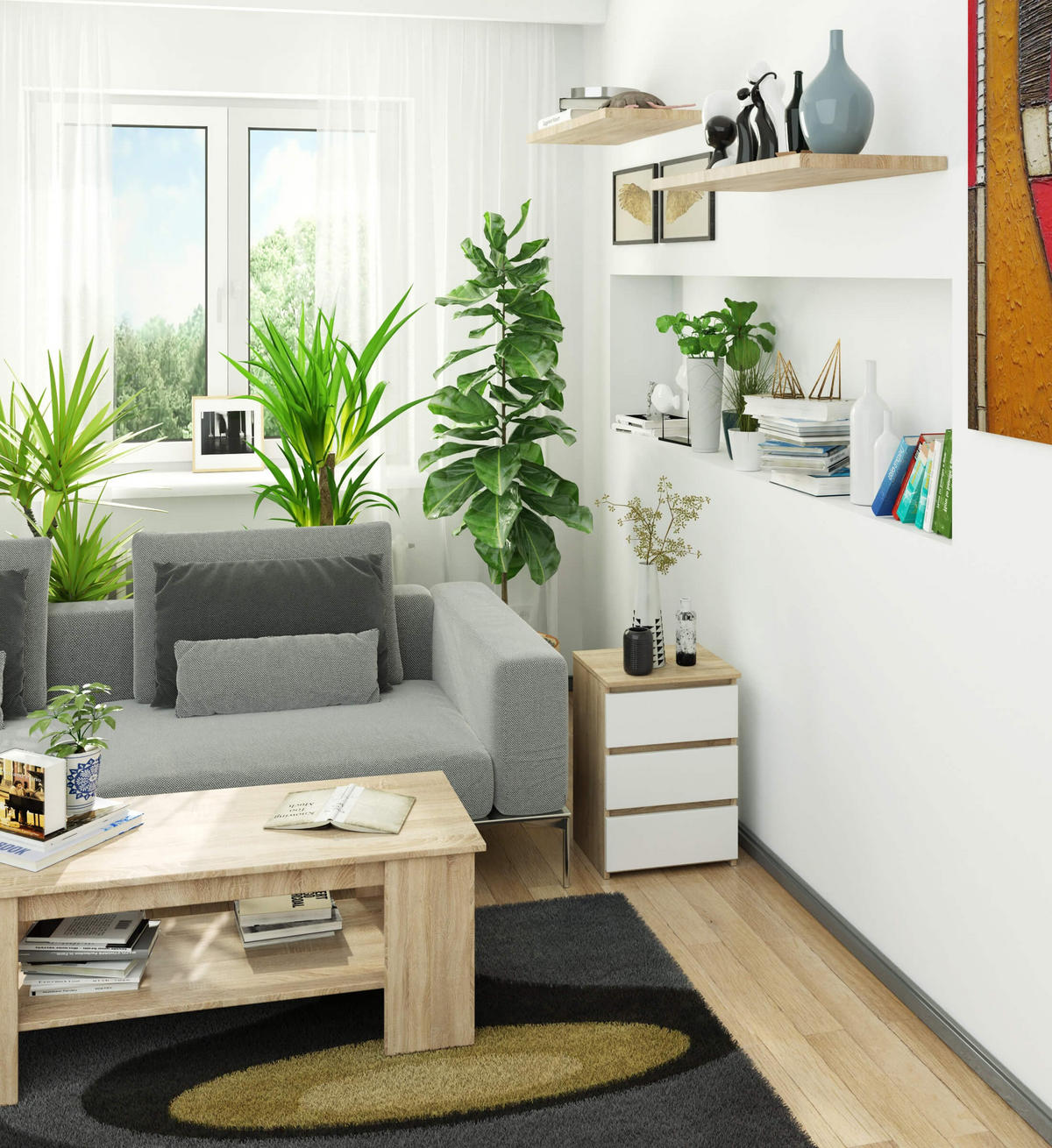 KOMMODE Eiche Sonoma, Weiß 57/40/35 - Weiß, Holzwerkstoff (40/57/35cm) - RAUMHIRSCH FURNITURE