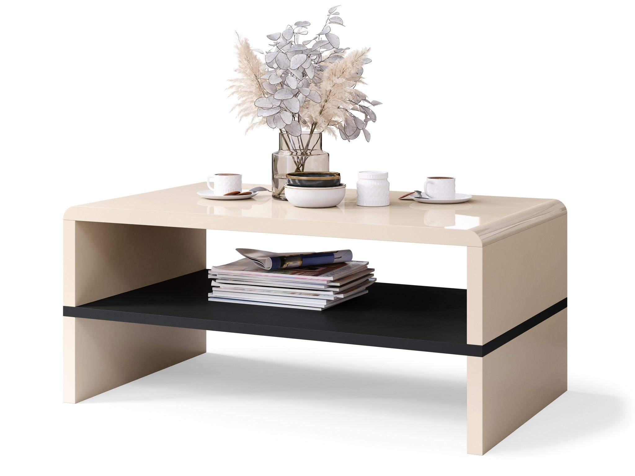 COUCHTISCH rechteckig Beige Hochglanz - Schwarz mit Ablage - Beige/Schwarz, Holzwerkstoff (60/100/43cm) - designimpex